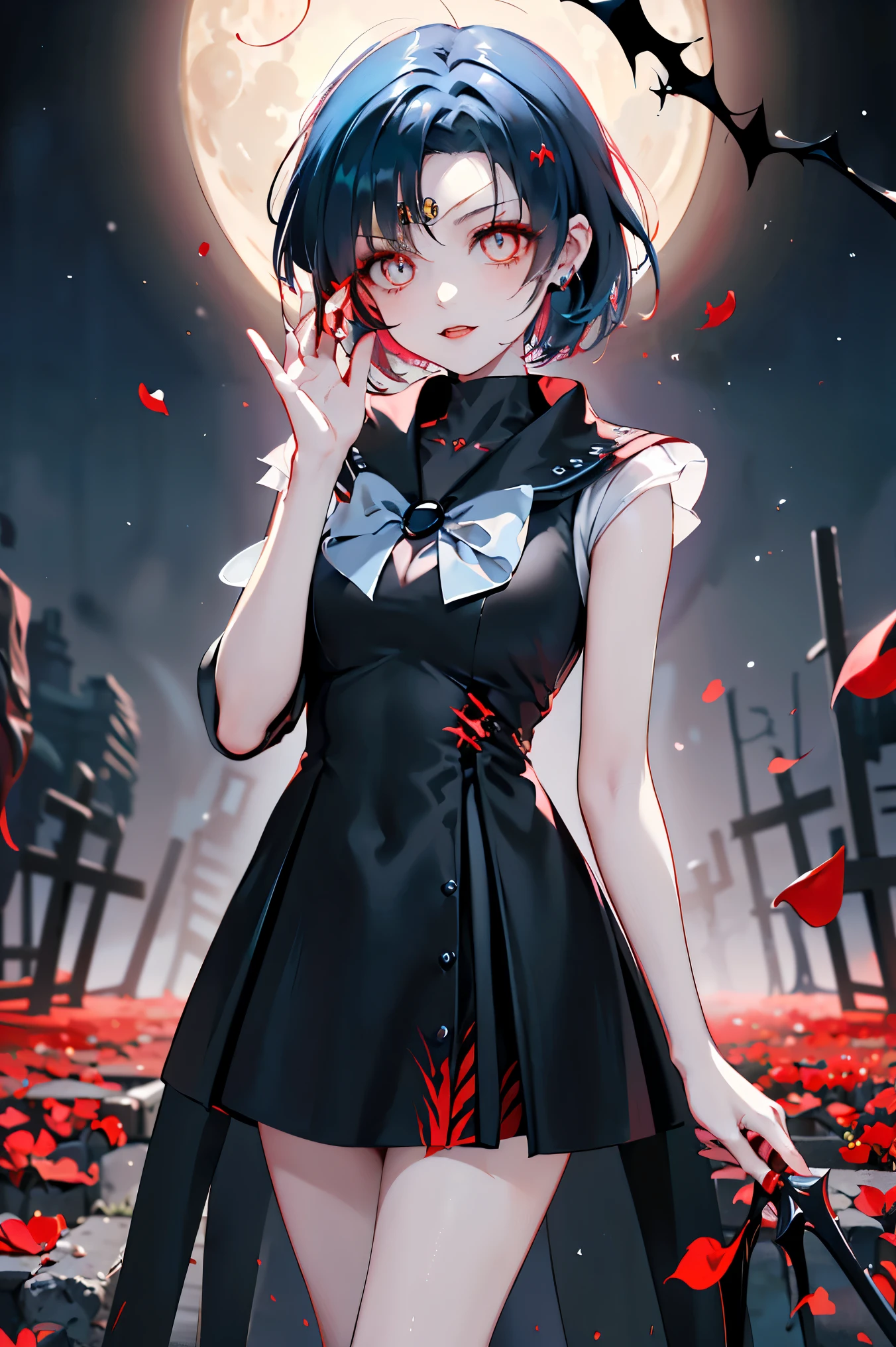 「 TOP QUALITY、 high resolution、 Dark Fantasy Art。 A girl, Sailor Mercury, appears as an enemy in front of her former friends。 Has a cold smile 、( Evil Aura ) 。((Totally vampiric ))And (Devil's Magic ) A girlfriend who can use 。(( Jet Black Dress )) Swying in the Wind 、( Red and Eerie Glowing Eyes :1.4) is watching an old friend 。( そして彼女が enemy organization executiveになった)、(large, vertical, oval, jet black pupil :1.5) 、( the tips of her blue hair are dyed red like blood 。:1.2)、( enemy organization executive )Standing as 、( I'm trying to kill my former friend。)
(( her narrow eyes are dyed red like blood ))、( and walks slowly with a crazy smile ) 。
( The background is a ruined battlefield on a dark foggy night ),(I、Salem Moon 、 came to kill you :1.5)、They are attacking by waving up a big spear with blood on it、Countless little red petals are dancing like butterflies by magic
