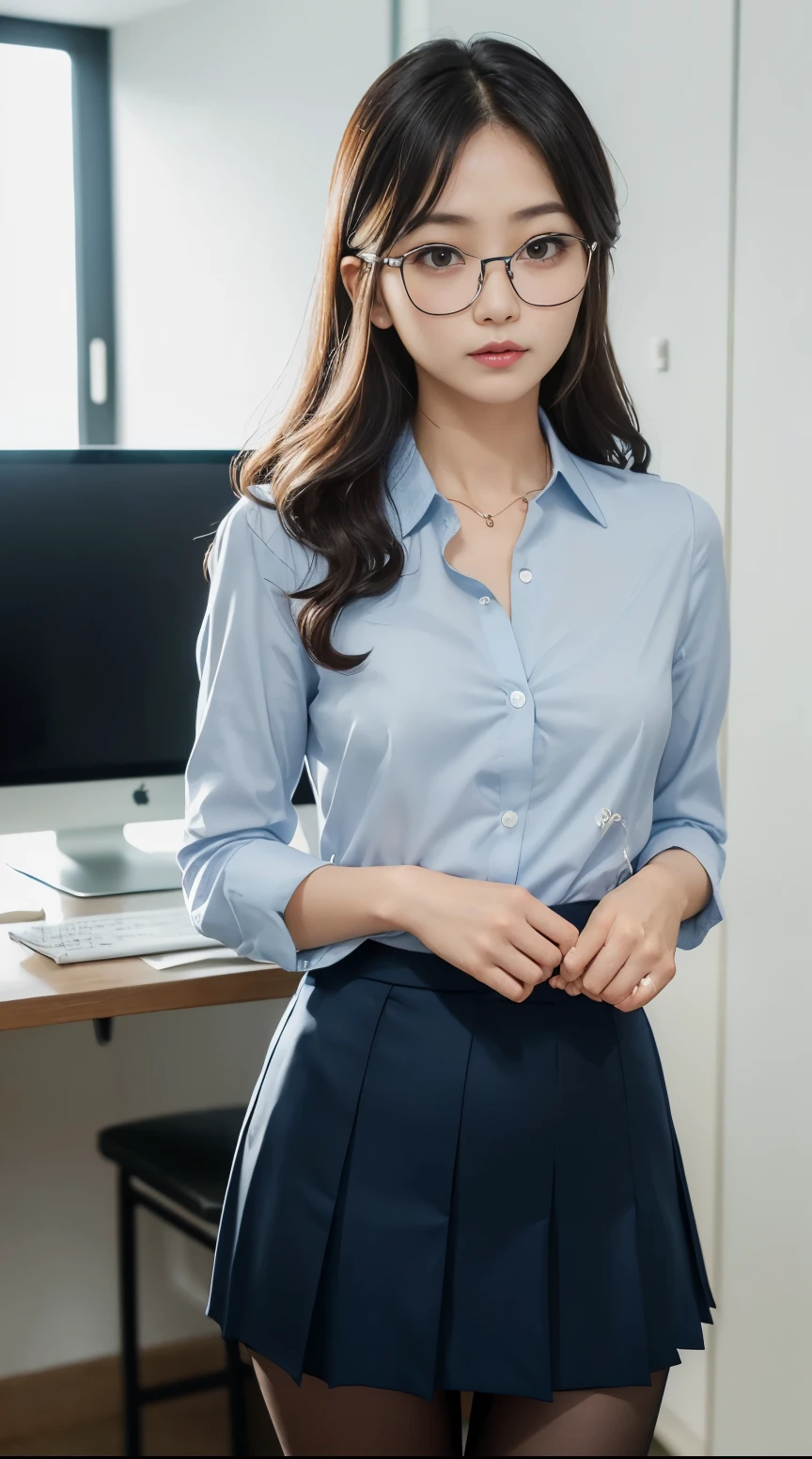 (1womanl), Beautiful, (Best Quality:1.4), (Ultra-detailed), (extremely detailed CG unified 8k wallpaper), Highly detailed, High-definition raw color photos, Professional Photography, Amazing face and eyes, makeup, (amazingly beautiful girl), ((Business Suit)), ((Mini skirt)), (Business shirt with wide open chest:1.3), Sitting, (Spread your legs), (:1.3), (dim bedroom, Electric Hand r:1.3), candle, (View from below)
