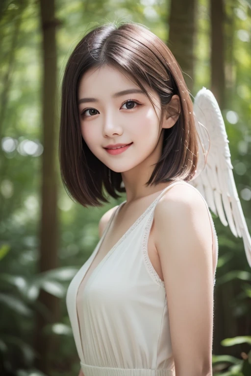 beautiful girl, short hair , brown, 8k, Professional photoshoot, delicate, clear , in the forest , moon, Light Leak , masterpiece, ( beautiful), (reality), smile, wonderful, angel, young