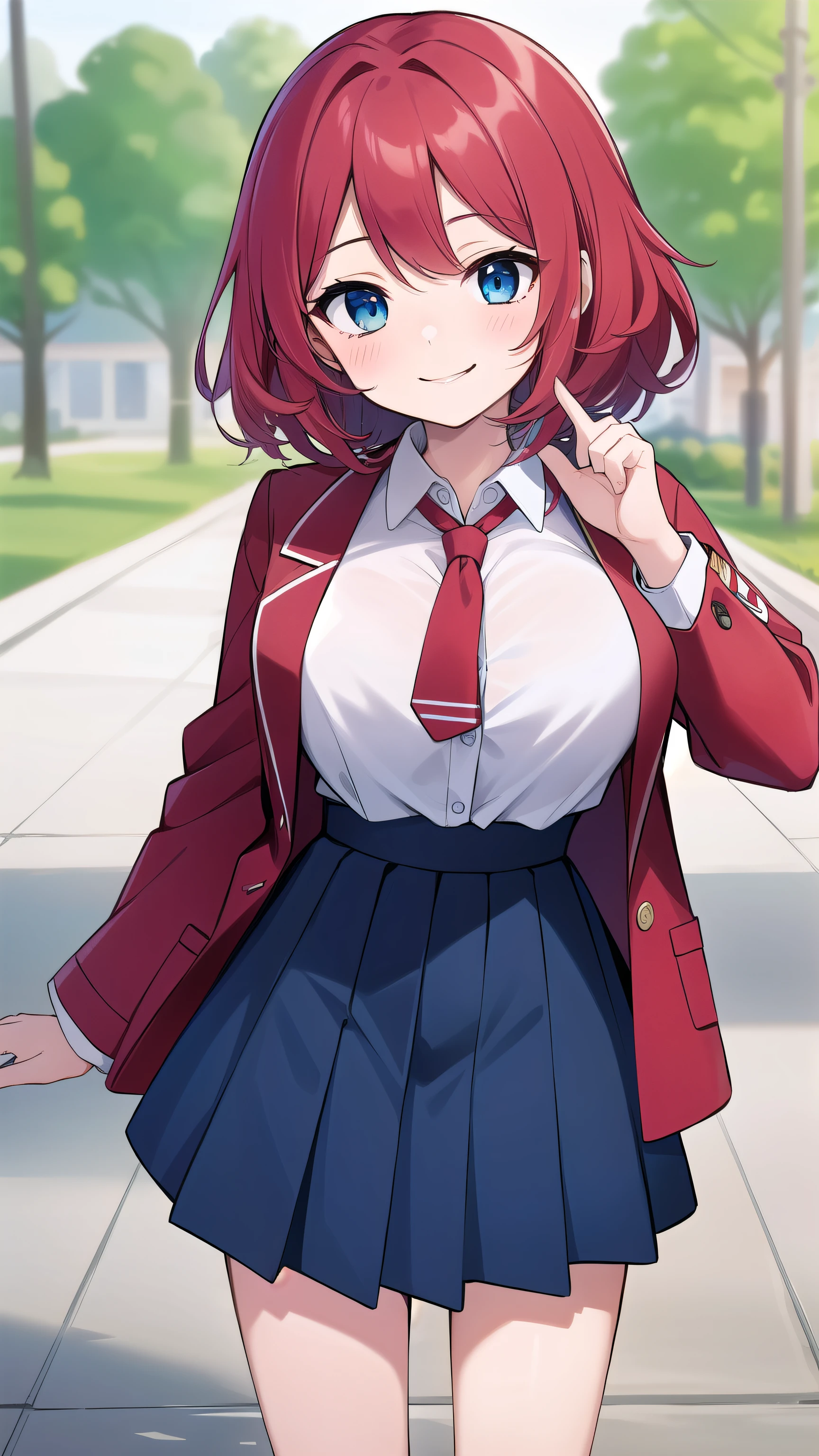 Big breasts, red hair, blue eyes, droopy eyes, red jacket, long sleeves, navy skirt, elementary school student, (super big breasts:1.1), (medium hair: 1.2), baggy clothes, elementary school student, young face, short height, 10 years old, old, shy A shy guy, smiling a little, trying to open the buttons of his shirt, white shirt, red tie,(straight hair:1.2) , gentle smile, a little smile