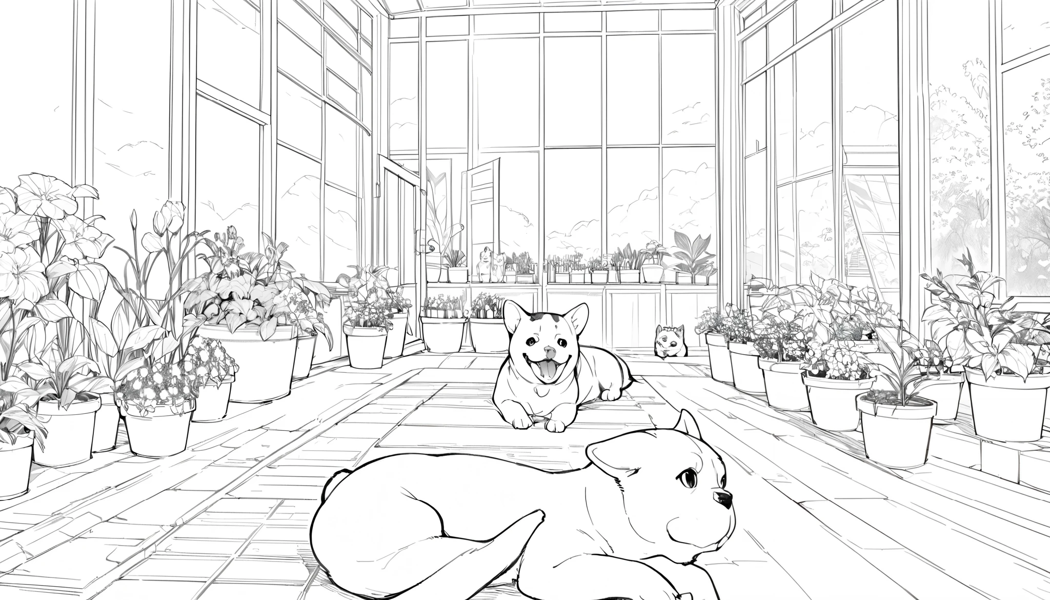 coloring sheet, Greenhouse, large glass windows, wooden details, many flower pots, warm atmosphere, no color, line art, clean and detailed, semi-realistic anime, Studio Ghibli, Makoto Shinkai-inspired, Monochrome, high contrast, fine ink lines, one Corgi, one Bulldog, sitting in the center, joyful mood, no shading