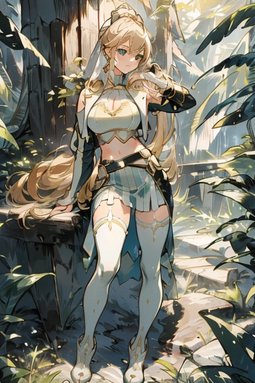 (masterpiece, best quality), (full body:1.6), standing (small fighting elven 1girl:1.6),(magical),(cute,adorable:1.3),blonde hair, green eyes, medium , beautiful, detailed, enchanted breastplate with precious gemstones, white thigh-high greaves,  pose, in a forest, magic flora, detailed face and eyes, volumetric light,(ultra quality skin:1.7)