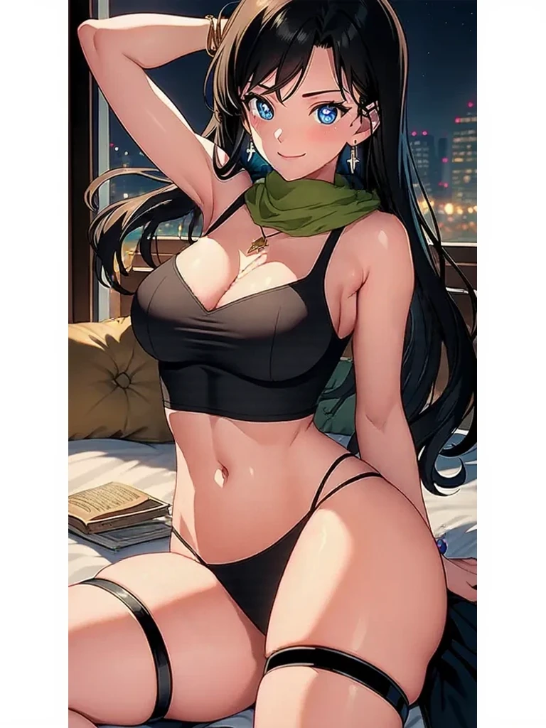 masterpiece, best quality, ((최상의 품질)), ((걸작 작품)), (상세한), 완벽한 얼굴, Black hair, blue eyes,large breast,Green Yellow lingerie, Green Yellow underwear, Green Yellow bra, sexy, smile, a hotel bedroom, cum in pussy, breast milk, sexy, bed,smile