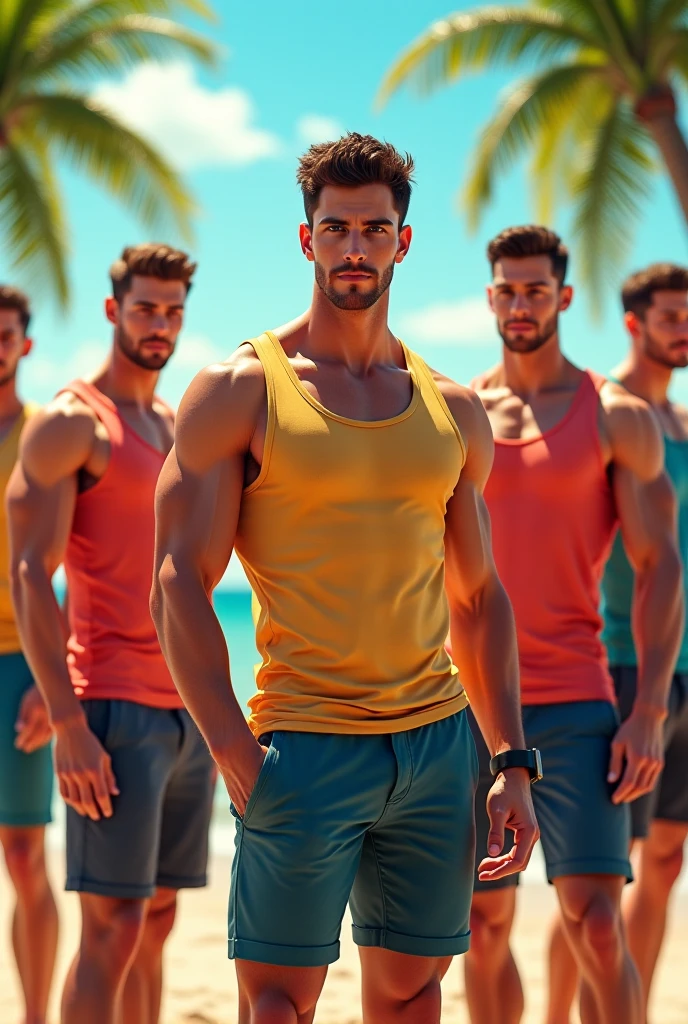 Masterpiece, creat a high resolution Portrait.  Brazilian 4 family young and mature insanely handsome men in heavenly tropical beach, wearing beachwear clothing, windy hair, hairy body, tanned, very masculine men ,traditional, hairy chest, paradise beach, fitted, wisdome, shirtless, trees, exposed, intimate, slim, modeling, weapons, realistic, extremely dynamic action poses, low angle shot.