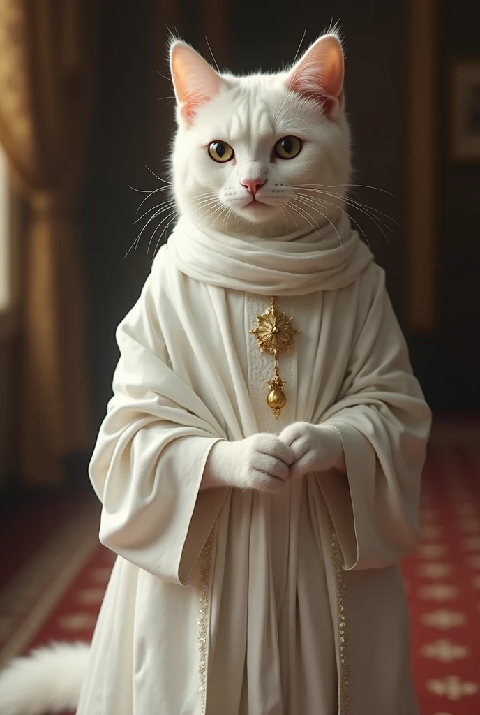 A white cat, cat in women's clothes, no human, hyper-detailed, photography, realism, photo style full of details