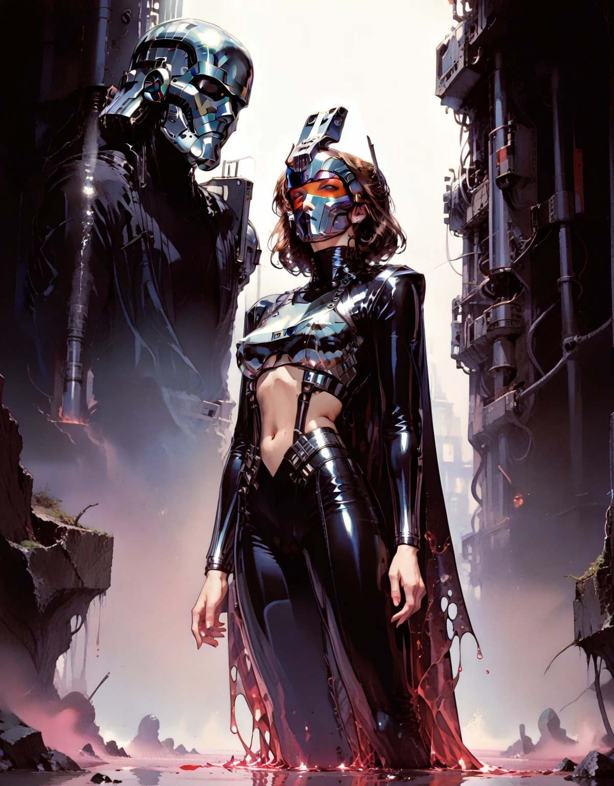 score 9, Score 8+, Score 7+, Score 6+, Uncensored. An ultra-detailed 8k manga-style illustration of a full-body portrait featuring an alluring reinterpretation of Darth Vader from Star Wars. The character is depicted in sleek, form-fitting liquid metal armor with a mauve, nippleless design that accentuates every curve. The outfit shimmers with a chrome-like finish, featuring translucent elements that cling to her figure, highlighting underboob, midriff, and navel. A flowing, semi-transparent lace cape trails dramatically behind her, adding to the sensual and dynamic aesthetic. The scene captures her sitting confidently on a high-gloss black metallic, syntetic moon, with chrome accents, reflecting light like a mirror. Her jet-black armor acts as a perfect reflective surface, enhancing the dramatic lighting. She is surrounded by multiple robotic soldier, who appear to restrain her, appear form warp gate, adding tension and intrigue to the composition. The background is stark and minimalist, using sharp contrasts to emphasize her form. A palette of deep purples and blacks dominates, creating a moody and mysterious atmosphere that enhances the allure and sophistication of the character.(M-shaped leg opening, Wide Aperture, Low Angle view.)