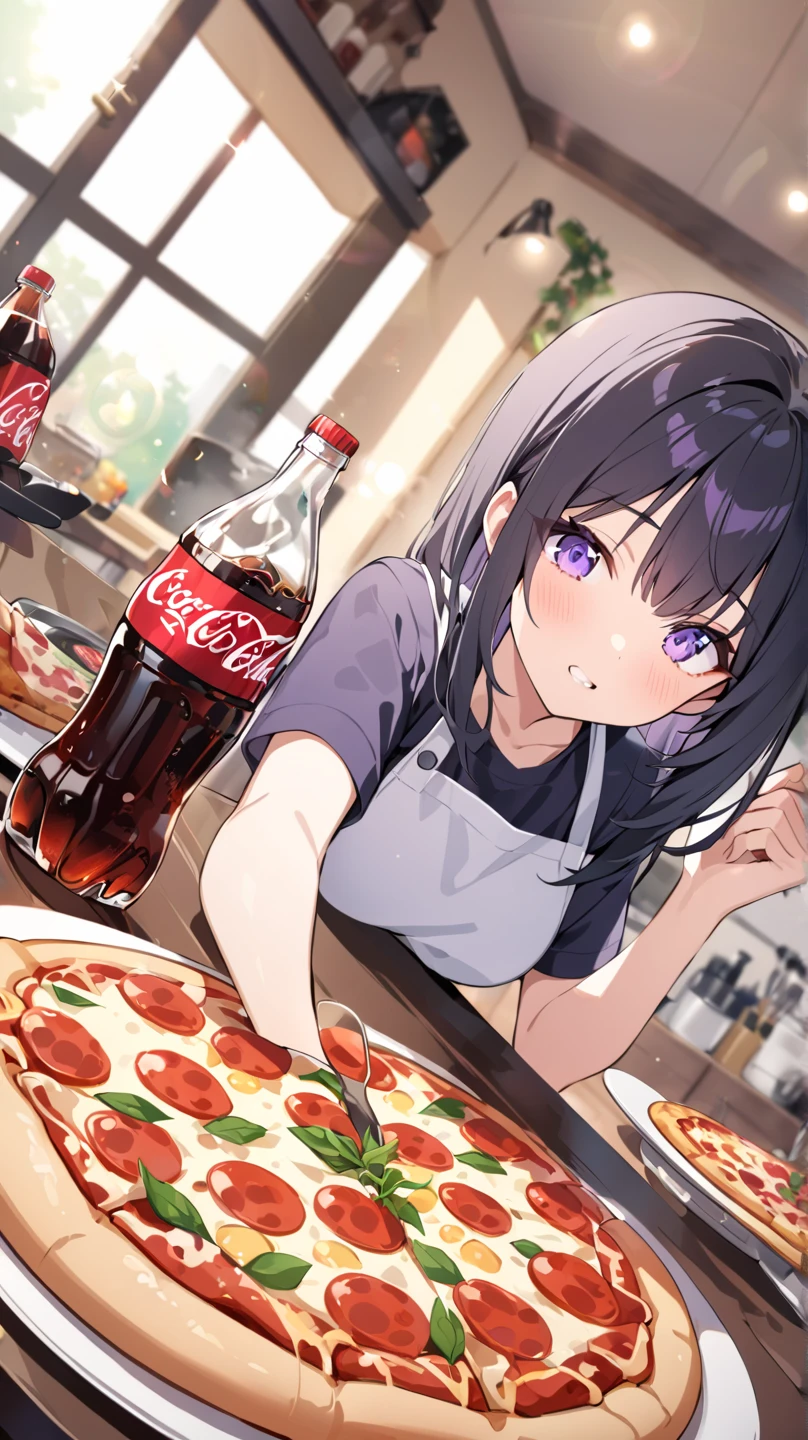 DINING、 table、cooking、Cola、pizza、Chewy cheese、 1 girl, purple eyes、 black hair、 Dutch angle 、 background blur, lens flare,