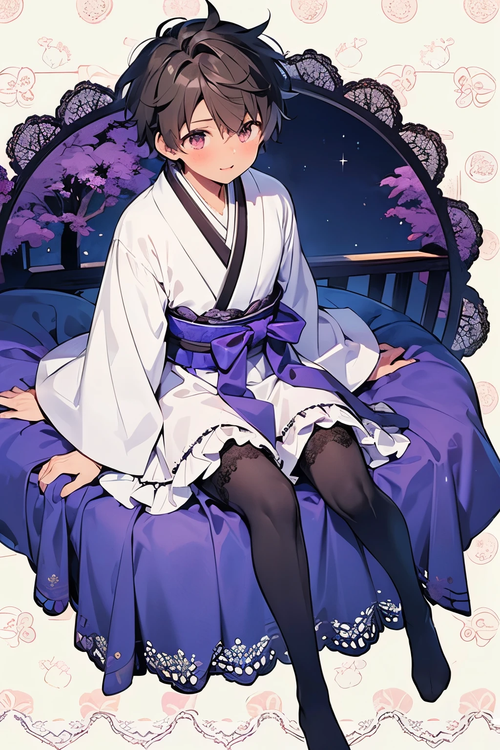 ((1-boy :1.3)),((handsome Gay:1.2)),(( An Adult Man :1.15)), open your mouth wide and smile,short Karl hair,Lightbrown hair,(lace pattern background:1.25),Red,yellow,purple,((dark skin body:1.5)), shiny ,((top view:1.0)),(touch your chest with both hands over your clothes:0.7),((purple Japanese Gothic and Lolita:1.1)),(black and white voluminous dress with frills and lace:1.15),((lace Headdress:1.0)),(gorgeous hairpin:1.0),((lace-topped stockings:1.2)),