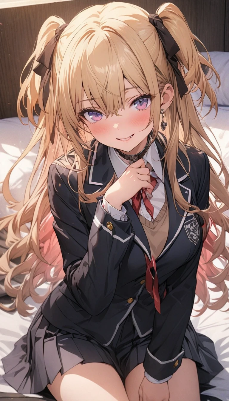masterpiece:1.5, high quality, anzu futaba, , 1girl, black , black blazer, black mini skirt, brown cardigan, {{tareme:1.4}}, blush, wide-eyed, smile, open mouth, missionary, (((lying, on back))), on bed, ((spread legs)), (from below), upper body, white lace panties, (pussy juice), sweat, flat chest, slim, small hip, (((slim legs))), skinny, slender, camel toe, looking at viewer, panty focus, hands on crotch