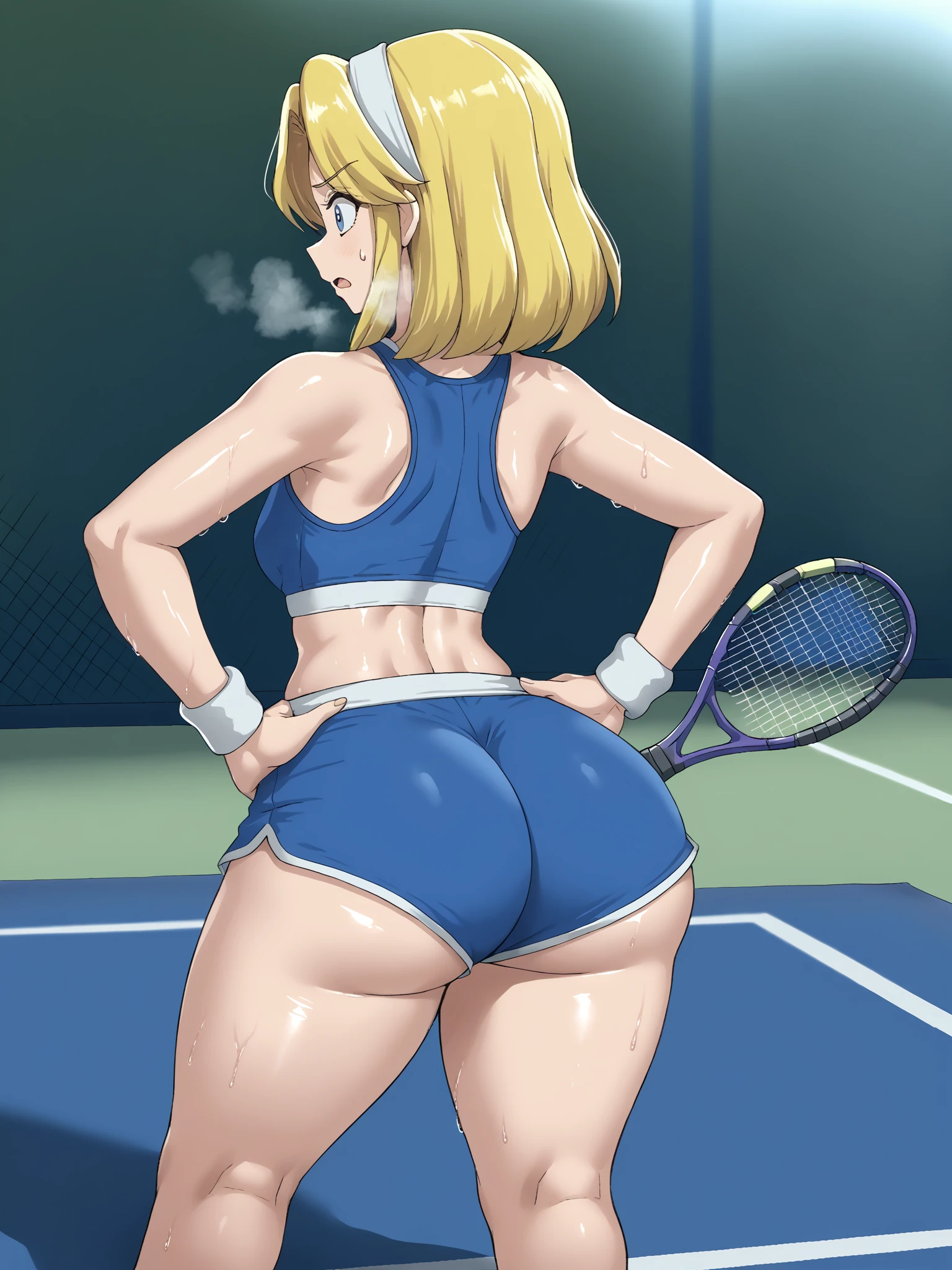 tennis girl's massive rear butt cheeks out of bottomless slutty mini sweater out bare and brown boots, kneeling, wearing oven mittens behind head, blindfold

