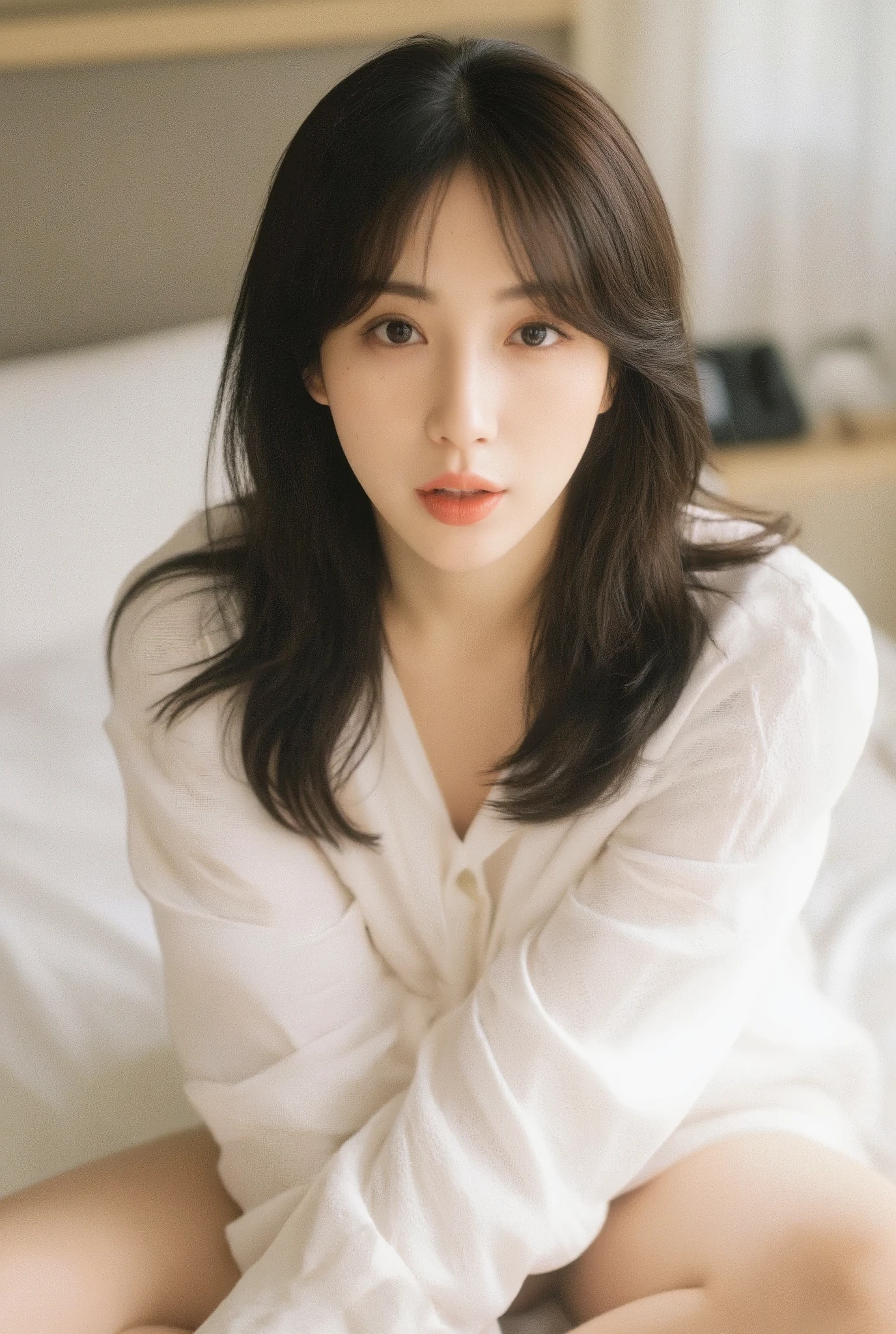 Ultra-realistic, strong sharp focus, high resolution, portrait, solo, Japanese, female, beautiful, mature, calm, 40 years old, fair skin, slim body but large breasts, medium long hair, black hair, forehead visible, small nose, sitting on bed in hotel room, Clear Morning, It's bright in the room, The texture of the skin is so realistic, mouth wide open yawning, Looking at the camera, nude, urabon, adult, Erotic, sexy pose,