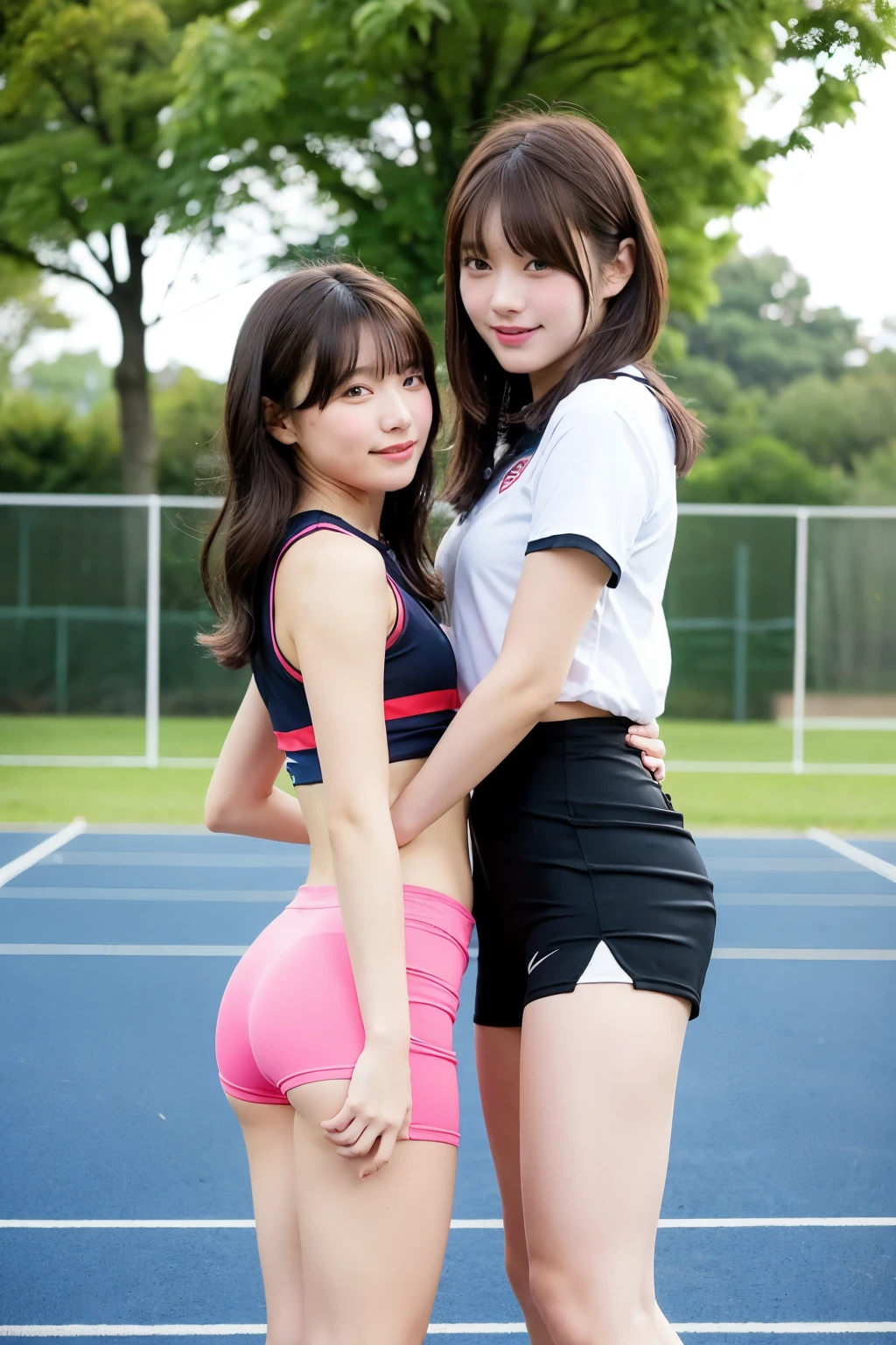 (Tennis Wear、Micro Mini Skirt、Sleeveless、Ass、Black Hair、Big Ass、Outdoor tennis court、White high leg panties、Groin)、Extremely sexy、smile、Professional Lighting、Small waist、Beautiful adult woman、Captivating thighs、Very large breasts、Cleavage、Are standing