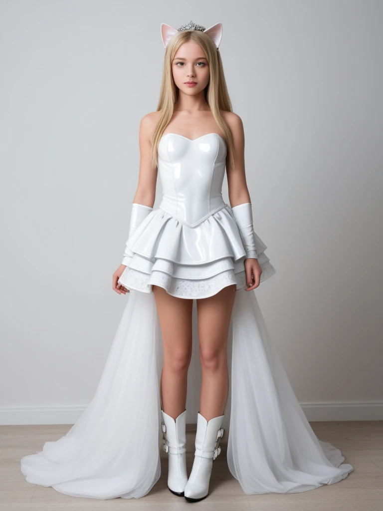 ((young girl))((tween bride))((12-year-old-girl)), (wearing a long skin tight, ((latex-fitted)) white ((floor-length)) dress) (standing in a dark basement),
