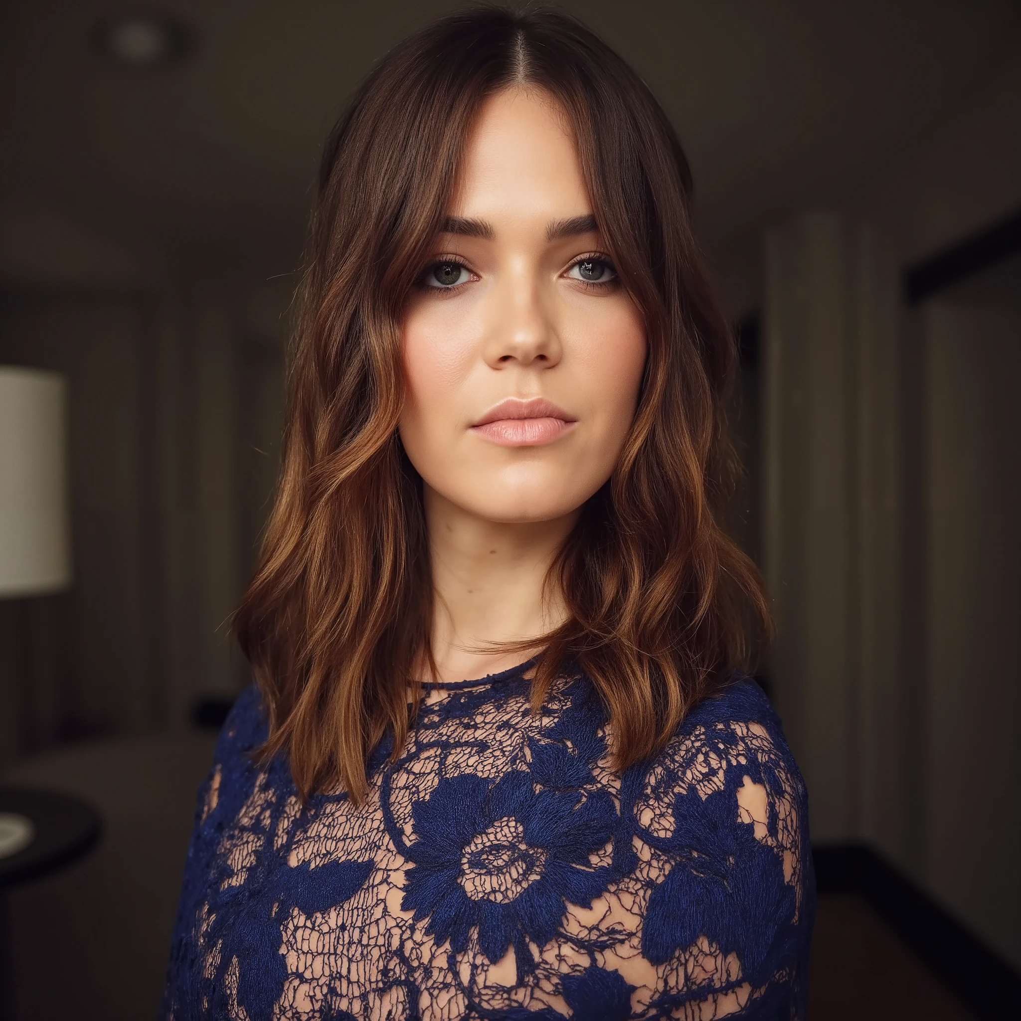 best quality, highres, 8k, masterpiece, photography, detailed midbody photorealistic portrait. Mandy Moore stands near an open balcony, the cool night breeze drifting through sheer silk curtains, as the soft glow of red and blue lanterns casts shadows across the opulent suite. She wears a deep sapphire blue lace bustier, a matching garter belt, sheer black thigh-high stockings, and satin heels. A sheer dark blue robe trails behind her as she holds a delicate Chinese fan, her tousled brunette waves catching the moonlight, her eyes sultry and mysterious. 40 years old, (real skin texture: 1.3), (slender figure: 1.1), six-pack abs, (Immersive Ambience, Chiaroscuro: 1.5, Dim Light: 1.1, Neon Lighting), (Bokeh: 1.5), Blurred, high contrast, (Fuji colours: 1.5), film grain