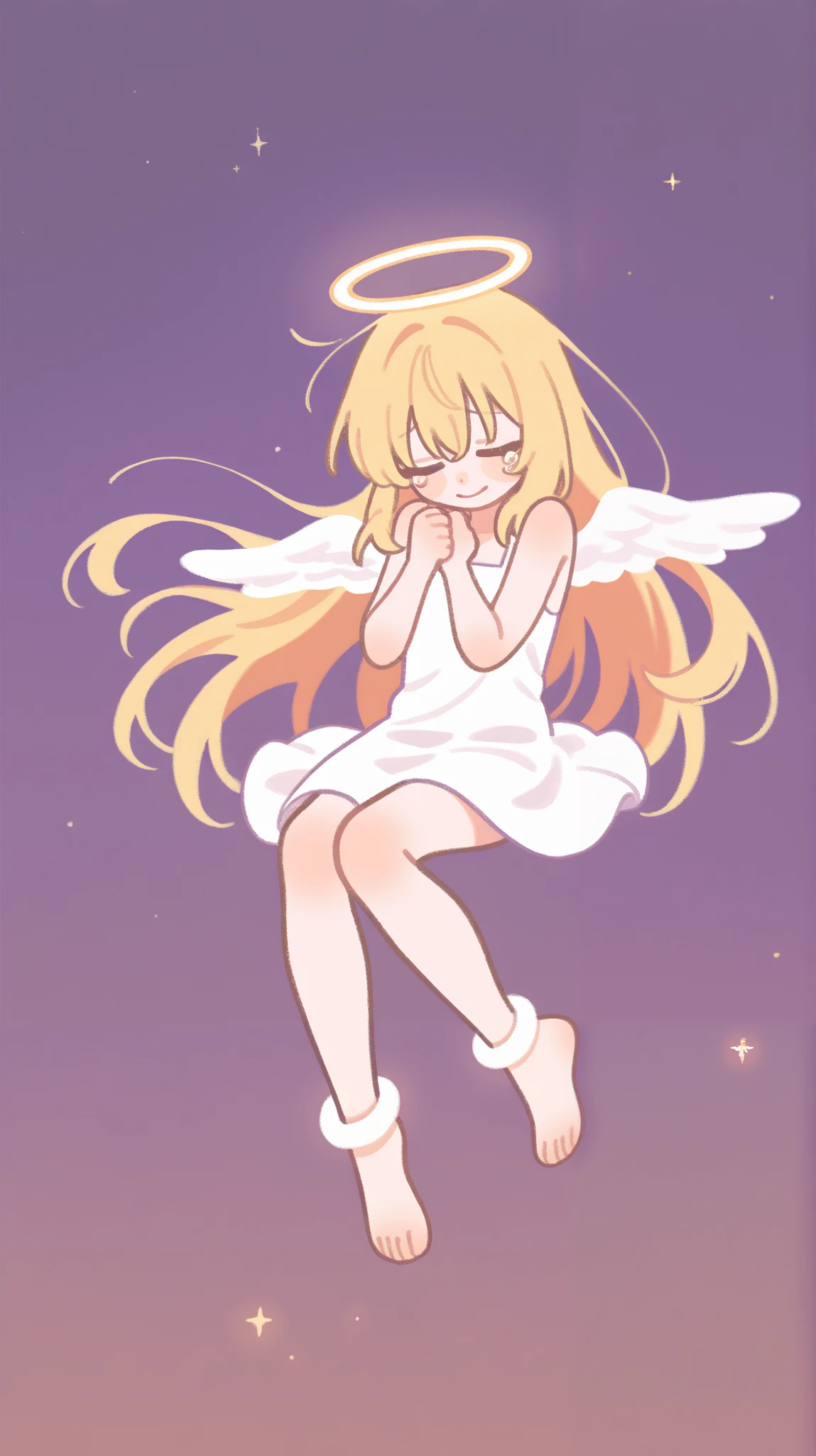 Masterpiece, highest quality , very aesthetic, angel, cute, 金 の, full body,smile,god々Shii, sad,tears,