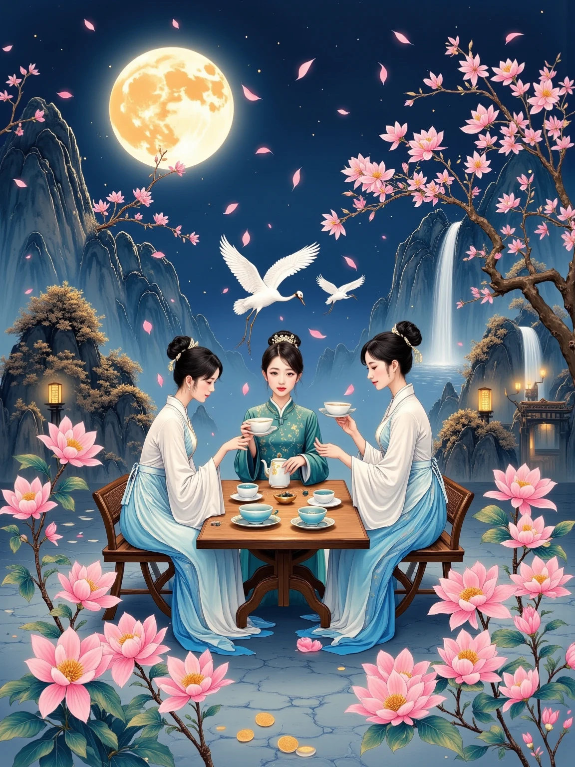 The picture is filled with ink and wash. The misty brushstrokes are used as the base, The delicate texture of modern illustrations is incorporated。 A bright full moon hangs in the deep blue night, The moonlight pours down like a veil in the ancient courtyard, The bluestone steps meander to the octagonal pavilion, The copper bells hanging from the eaves sway gently in the night breeze, The shadows of the ink-colored bamboos sway gracefully。 The sandalwood tea table in the pavilion exudes a warm luster, The celadon tea sets are arranged in an orderly manner, The tea mist rising from the spout of the pot turns into cranes with ink texture, and the real cranes circling outside the pavilion are reflected in reality。
Four women in Tang-style skirts sit around and drink tea, The sleeves use the illustration-style gradient smudge technique - the wide sleeves that gradually change from moon white to dark blue are decorated with gold-lined epiphyllum patterns, The beads hanging from the hairpins refract the light with the movement。 The background uses ink and wash" Ink-splashing and rubbing" The technique expresses the outline of the mountains, The mountain stream waterfall cascades down with silver foil-textured brushstrokes, The moon reflected on the water surface is broken into sparkling waves by the swimming fish。
The fine-brush magnolia branches extend from the upper left corner of the picture, The edges of the petals are shone with a light blue halo of moonlight, The falling petals form a visual echo with the teacup held by the fingertips of the woman in the pavilion。 The arch bridge half hidden in the mist is outlined in the lower right corner with dry brush and burnt ink, The lanterns at the bridgehead emit a warm orange glow, The color contrasts with the cold moonlight。 The overall composition adopts the style of traditional landscape painting"Three-Distance Method", The tea table in the foreground is exquisitely detailed, The bamboo forest in the mid-ground has distinct layers, The distant mountains are hidden in the blank space, The virtual and the real create an ethereal artistic conception。