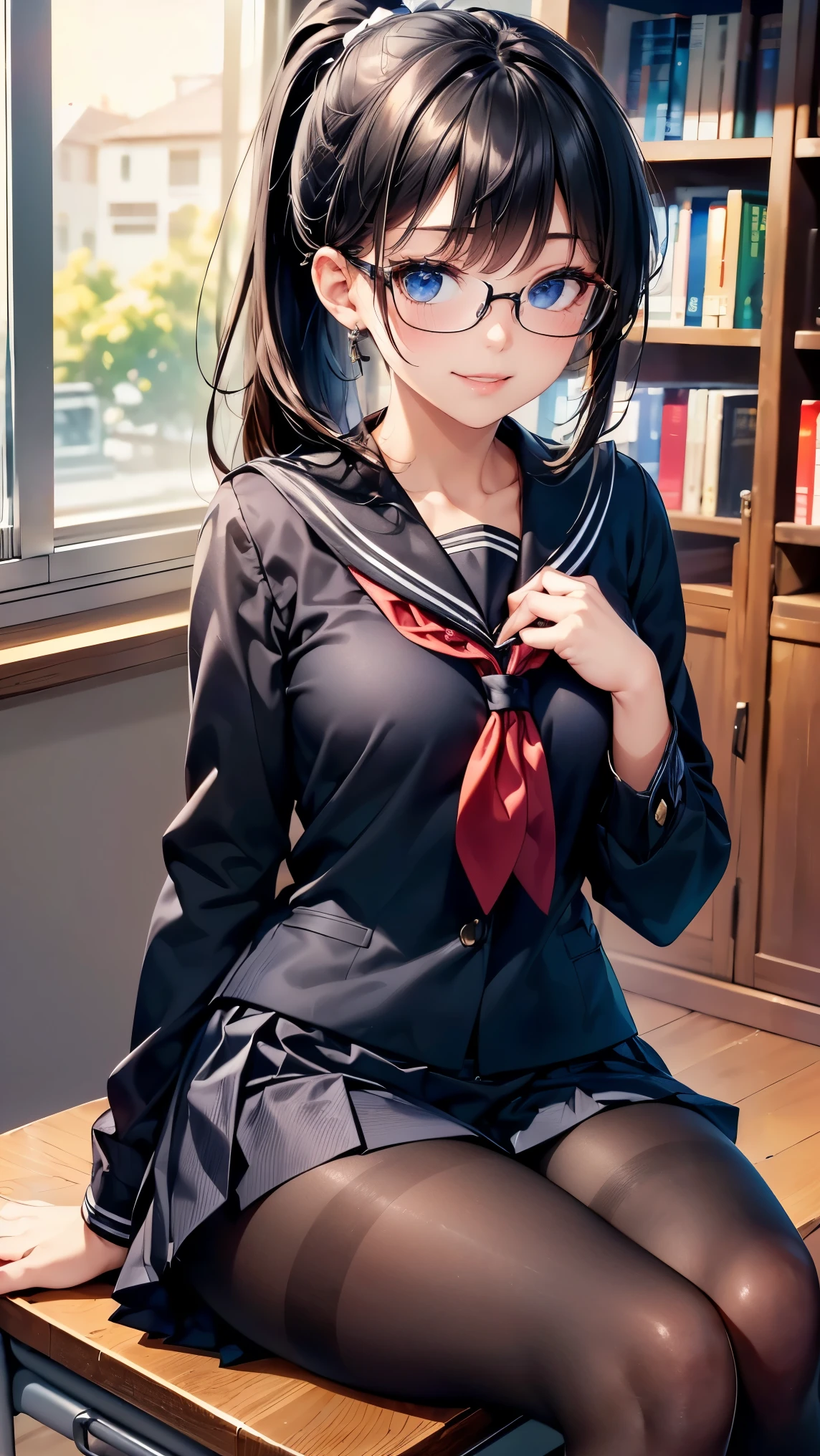(Tabletop:1.0), (highest quality:1.4), (High resolution:1.2), From the side,Sharp contours,  boyish, highest quality, masterpiece,Glasses,Voice of the Heart,20-year-old woman,yandere,Big Breasts,Chest to chest,Lying face down,Ecstasy,saliva,blush,Squint your eyes,Heterochromia iridis,Tuck up your clothes,lure,under shot,skirt lift,zettai ryouiki,open clothes