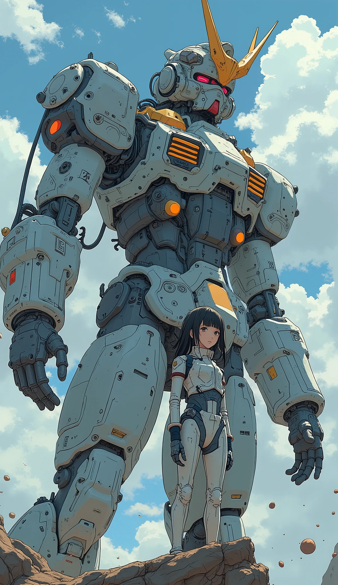 Anime - Female style artwork standing in front of giant robot, giant anime mecha, mecha aesthetic, anime mecha aesthetic, mecha anime, big mecha, anime large mecha robot, modern mecha anime, anime manga robot!! Anime girls, mecha art, anime robots mixed with organic