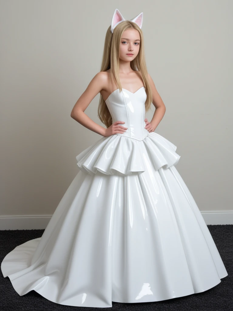 kid bride, skin-tight white latex dress