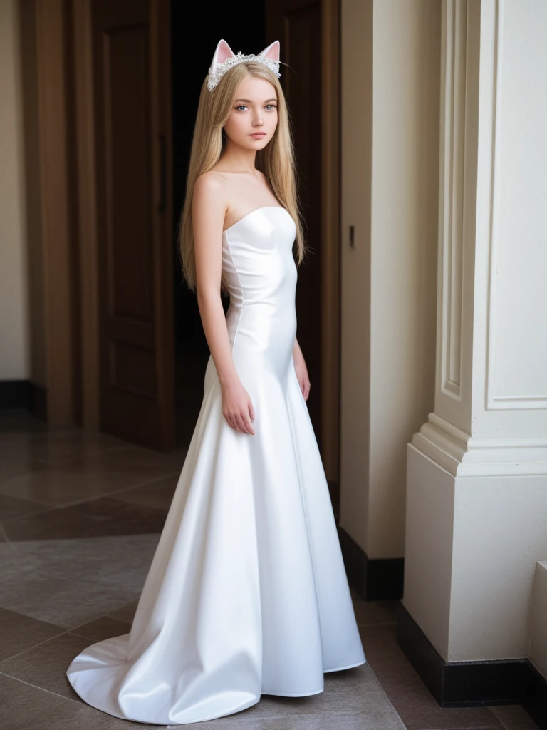 ((young girl))((tween bride))((12-year-old-girl)), (wearing a satin (single strap) wedding dress) (standing in a ballroom,