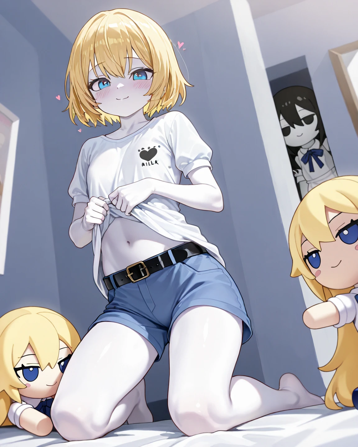two sexy bubbly and cheerful women in office outfits holding small boy with blonde hair between their boobs, women have short, vibrant orange hair with highlights of pink, flirtatious smile,women looking at boy