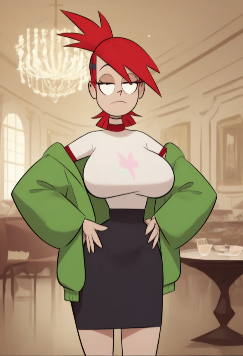 <lora:HellOnEarth:1>, 1girl, Captain, short hair, hair over eyes, red hair, freckles, muscular female, blush, solo, sweater, kilt, embarrassed, lockers, crossed arms, from below,