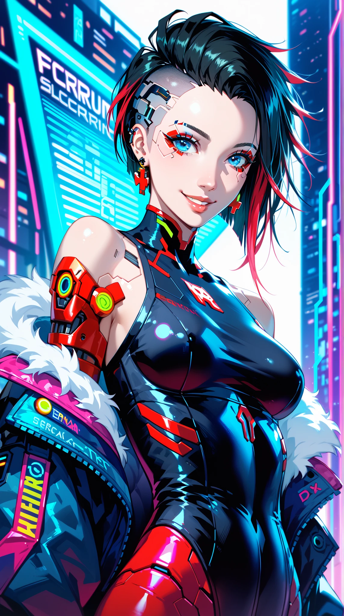 Color Portrait of a young girl, very sexy, modern style, comic book, cyberpunk, future, color fill, rich colors. Very graceful, standing half-turned, sporty posture, looking at the viewer. Tattoos on the body, fashionable short dresses, devices on the body. 2_The background depicts a majestic city of the future, an evening city, lights, illumination, and robots. 3_High image quality, 4K | Ultra HD | Full HD, cinematic comic book, 3D visualization_in comic book style - linear stroke, color fill, high-quality stroke - a masterpiece, TOP computer graphics ART. 8K, dark lighting, heavy shading. (vivid, anime, comic, creative, sharp focus, 8K). High detail of the drawing, lines, high-quality background (shades of cool tones, red, warm highlights, side lighting), Architecture, cyberpunk, futurism. Film grains, dust, and particles in the air.