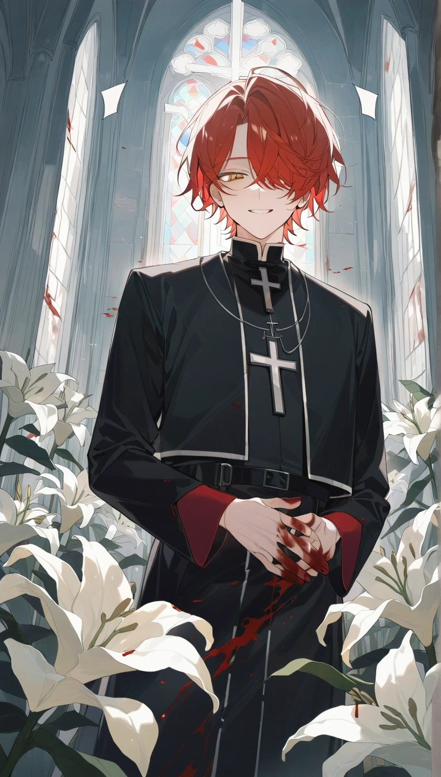 "Realistic Digital Painting with Concept Art Elements"," digital painting," "concept art," "realistic," "high detail", "1boy", "muscular", "wearing priest garment", "blood all over his hands and priest garments", "high-res", "blonde hair", "church", "moonlight", "bible in hand", "full body shot", "ominous aura,", "demon tail underneath priest garments", "bloody garments", "blood all over his face" "detailed-Eyes", "detailed-face", "blood on lips", "blood trickling down chin", "8k resolution", "heavily bloody as the entire garment is coated in red liquid", "soft colors" , "cool ambience" , "blood over the garment.", "praying" , "holding bible"