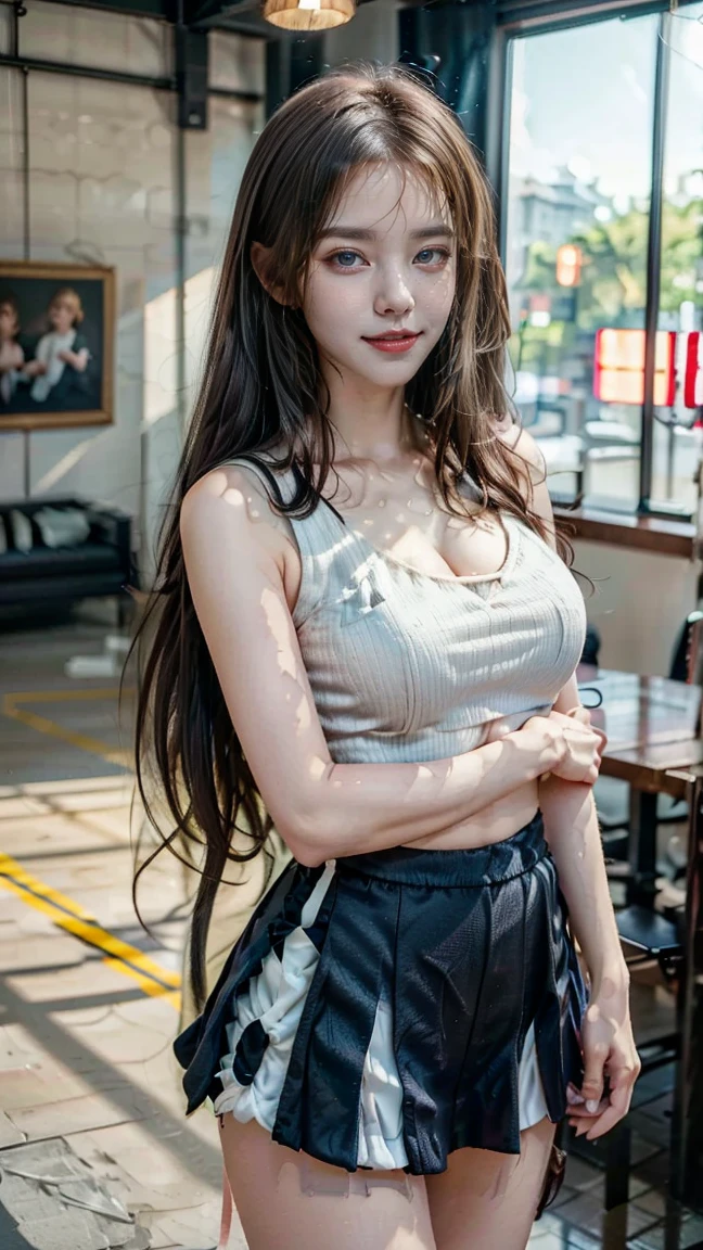 Photorealistic, High resolution, Soft light,1womanl, Solo, hips up high, (Detailed face),The tattoo, Jewelry,((Woman Standing In School Classroom)),()、((White top and bottom suit))、((White tight skirt))、(Translucent white translucent white blouse)、(chest with glasses,low chest, ((Long black straight hair))、((pantyhose))、((mix4))、A smile、