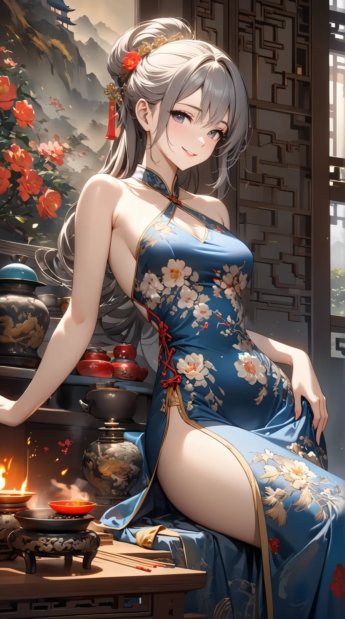 (((Masterpiece))),(((Super Detail))),(((in 8K))),(((best composition))),(((Rim lighting,Fireglow effect,deep shadow))),solo,(Hatsune Miku:1.0),Beautiful fingers,Detailed finger features,(Detailed hair features:1.7),(Dynamic and sexy bending pose:1.3),detailed facial features,detailed clothes features, (perky chest:1.1), (pointed chest:1.3), delicate beautiful face, Bright blue eyes, cute eyes, sparkling eyes, Big eyes, beautiful detailed eyes,double bun with glittering hair ornament,(super detailed glossy skin:1.3),slender body,tits,goddess smile,((mouth little smile open)),beautiful posture,cheongsam dress,(blue with silvr gold thread embroidery,super delicate floral pattern:1.2),seductive cleavage:1.3,beautiful glossy legs,shiny red high heels,lifting dishes with cakesd,french restaurant,hustle and bustle,rising steam,(((depth of fields)))