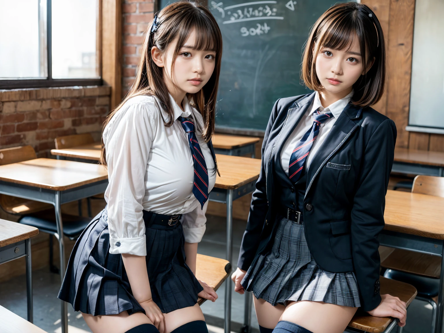 8k, RAW portrait (Japan人女性),masterpiece、Photoreal:1.3、realistic, ultra high resolution, highest quality, real life photos ,( in the evening :1.1),
((((2 girls:1.5)))), (((Two girls showing off their panties in the room)))、(beautiful face:1.1)、Japanの2 girls,((Two Japan High School Girls))、((2 real high school girls))、((Japan High School Uniforms:1.6))、In the classroom、 ((dark brown eyes:1.2))、(realistic skin texture:1.3)、(Immersive atmosphere:0.8、chiaroscuro:1.2) 、(look viewer:1.3)、((embarrassed look))、((from belowの天井:1.2))、(smile:1.2)、((((wearing very small silk panties))))、((panty shot))、((woman rolling up her skirt))、((from below:1.45))、((Close up on crotch:1.54))、((panty shot))、((Japan'very cute :1.4))、((spread your legs to the side:1.4))、((((My pants are digging in.))))