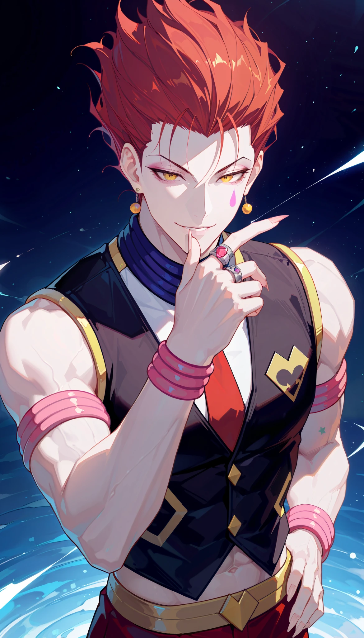 (artist:binggong asylum:1.22), (artist:OKAZU:1.10), (artist:hiten:0.51), artist:WANKE, (artist:ciloranko:0.55), (Hisoka Morow, Hunter x Hunter character), (masterpiece: 1.2), (best_quality: 1.0), (solo: 1.4), 1man, 30 years old, ((upper body, half body: 1,4)), ((Ultra Detailed, Cinematic, hyper detailed, Hyperresolution, official arts, Wallpaper 40k, Mind-blowing art)), ((dark-bardo hair, (short hair)), ((facial mark, star facial mark, teardrop facial mark), star symbol on the right cheek, teardrop symbol on the left cheek), voluminous hair, bright yellow eyes, Beautiful finger, Beautiful body, Beautiful nose, Beautiful character design, perfect eyes detail, perfect face, Colorful, Bright_Front_face_Lighting, (bright_color: 1.2), (pectoral muscles: 1.2), (Beautiful, muscular abs: 1.4), (skinny man, wiry man), (beautiful_face: 1.5), ((bare shoulders, naked torso)), (tall, broad shoulders), seductive, ((muscular body, pale skin)), ((dark-red suit, black vest, dark-red necktie)), front view, ear piercing, earrings, (dark-bardo fingernails, long fingernails), hand on own hip, jewelry, rings, makeup, piercing, standing, cunning smile,