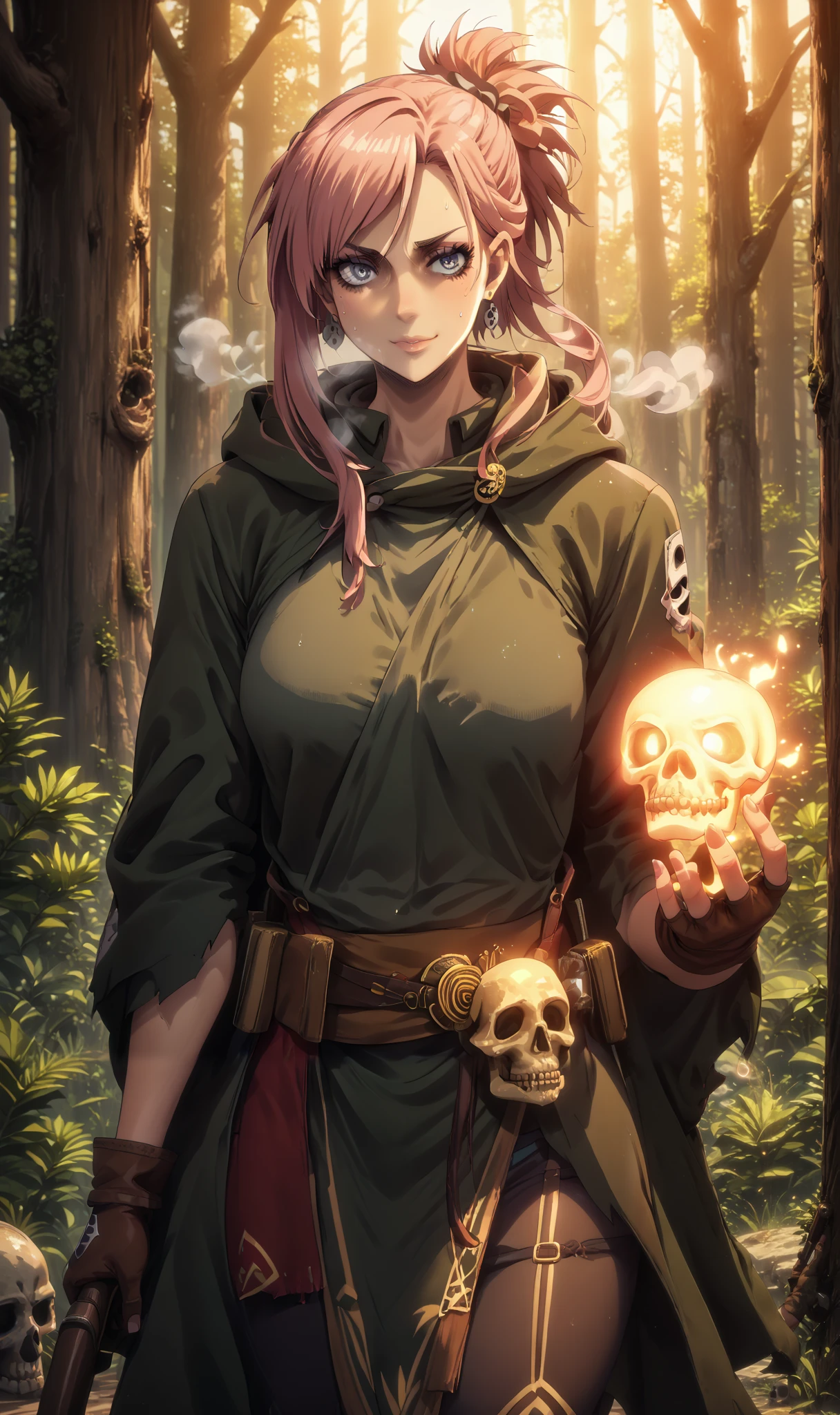 , score_9, score_8_up, score_7_up, score_6_up, score_5_up, score_4_up, uncensored, miyamoto musashi, pink hair, earrings, ponytail, asymmetrical hair, swept bangs, blue eyes, 3d, cgi, (voluptuous:1.3), (thick:1.3), BREAK UHD, retina, masterpiece, accurate, anatomically correct, textured skin, super detail, high details, high quality, award winning, best quality, highres, 4K, excessive sweating, sweating, sweating drop, (gasping, heavy breathing:1.3), (skindentation:1.2), perfect eyes, beautiful eyes, eyelashes, makeup, detailed body, perfect body, BREAK, 1girl, solo, skull, glowing, looking_at_viewer, holding_skull, gloves, holding, hood, magic, cloak, hood_down, cowboy_shot, cape, breasts, glowing_eyes, smirk, shaded face, jewelry, at the forest, jungle