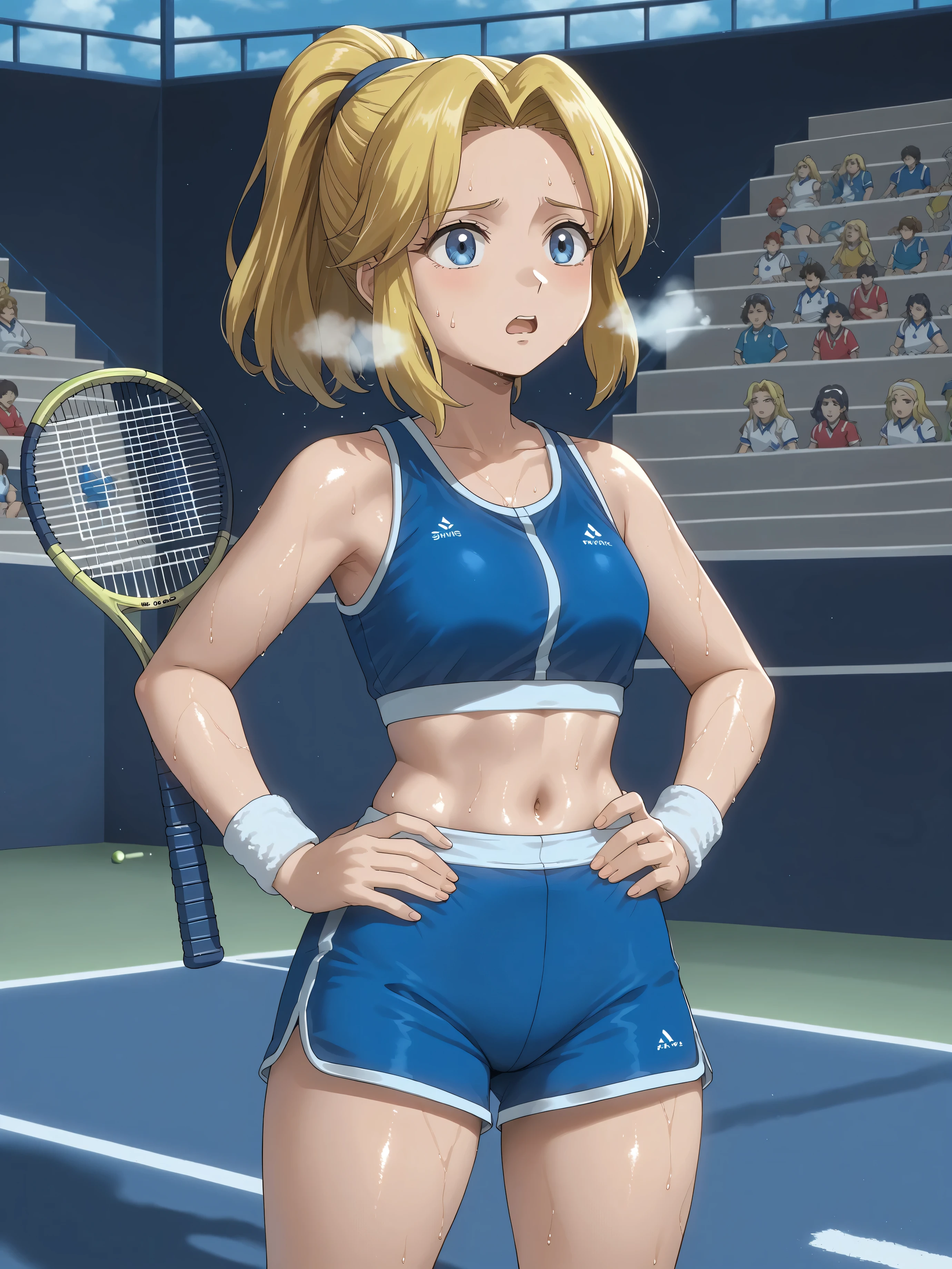 sxsgdbmaria, blonde hair, source_anime, source_anime, score_8_up, GlamorShots_PDXL
tennis, sports bra, shorts, tennis racket, sweatbands, out of breath, sweaty, hands on hips, open mouth, thicc thighs, thicc body