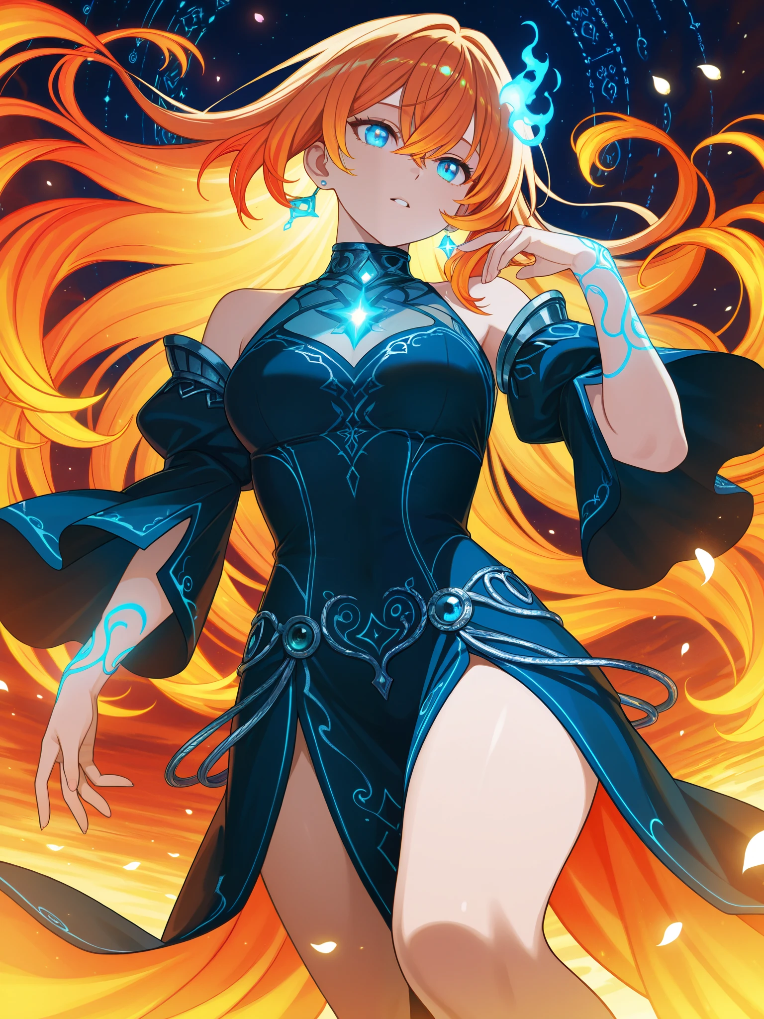 art noveau, masterpiece 1.3, golden ratio, firefox, fox ears, fox tail, bare skin, goth, anime, female, blonde hair, heterochromia, fishnet, long black dress