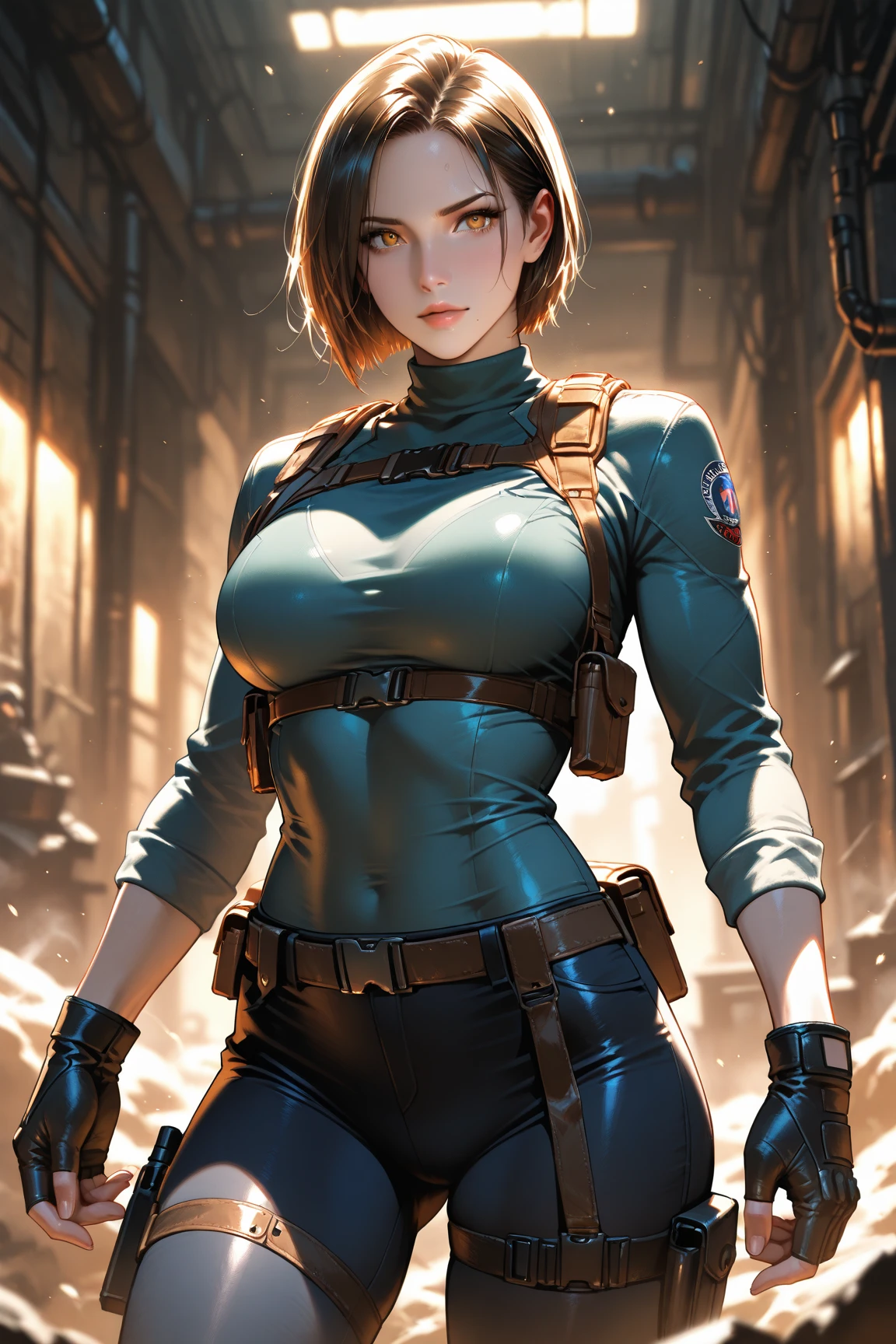 (at night), in a video game scene in the background, a beautiful city at night, raining, alone, standing looking straight ahead, military clothing with military green skirt and pants, black gloves, semi-short hair, ((semi-short hair)), 1 girl, 30 years old, young woman, perfect hands, Beautiful fingers, Beautiful long legs, Beautiful body, Beautiful nose, Beautiful character design, perfect face, looking straight at the viewer with a serious gesture, very upset looking at the viewer, she has a black whip in her hand (focusing on her face), closed mouth, smile_light, official art, extremely detailed CG unity 8k wallpaper, perfect lighting, bright and colorful front lighting, skin glossy (masterpiece: 1.0), (best_quality: 1.0), ultra high resolution, 4k, ultra detailed photography, 8K, hdr, high resolution, nonsense:1.2, Kodak portrait 400, film grain, blurred background, bokeh:1.2 , Lens flare, (vibrant_color:1.2), professional photography, (Beautiful, breasts: 1.4), (Beautiful_face: 1.5), (narrow waist),