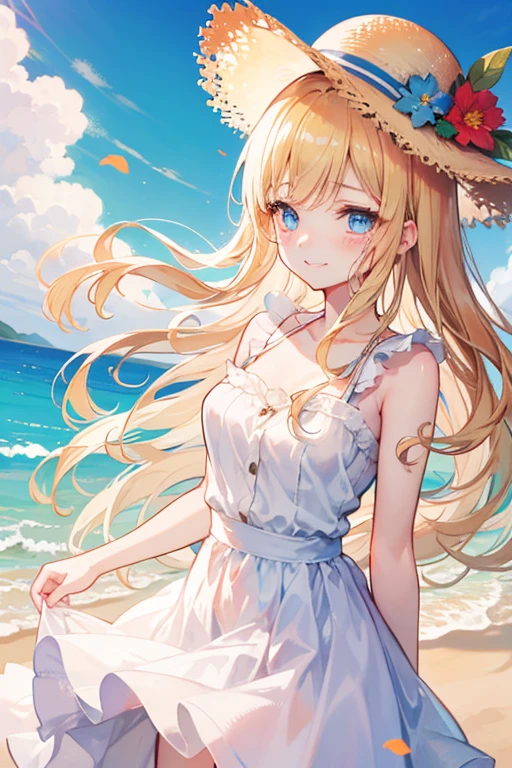 masterpiece, highest quality, High resolution,Anime Style、Blonde、Long Hair、blue eyes、Swimwear、beach、Beach parasol