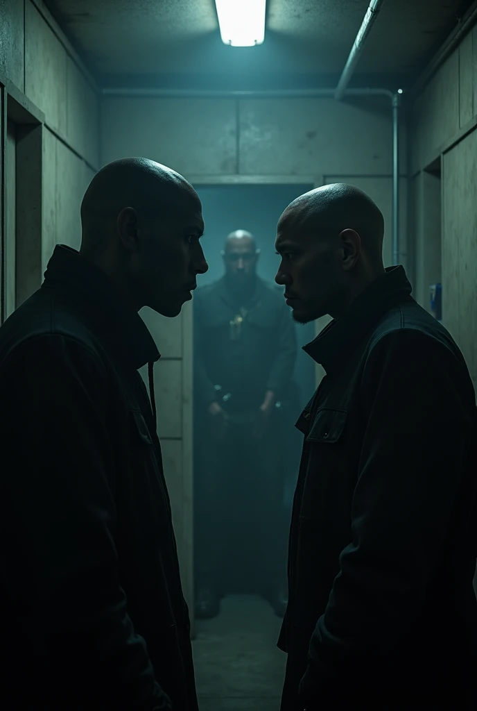 there are two people arguing, (((bald laurence fishburne))), (((Hugh Laurie))) , (((dressed in biblical times clothes))), hairless black man, dressed in white, arguing with evil looking Hugh Laurie, (hugh laurie with white biblical clothes), (Hugh Laurie and laurence fishburne arguing), ((extreme closeup)), (close up)