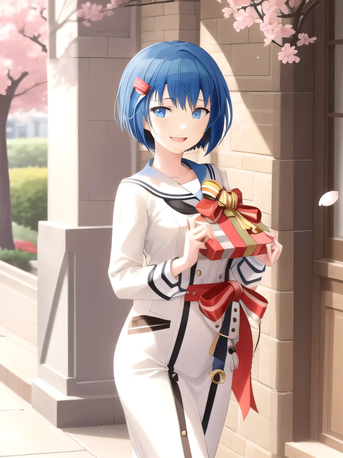 A stunningly beautiful 20-year-old woman stands in a lush green park full of cherry blossoms in full bloom under a clear blue sky. She is wearing a classic sailor uniform and holds a neatly wrapped gift box with a red ribbon in both hands in front of her chest. The box is small, wrapped in decorative paper, and tied with a bow. She looks very happy, with a radiant and joyful expression.A stunningly beautiful 20-year-old woman stands in a lush green park full of cherry blossoms in full bloom under a clear blue sky. She is wearing a classic sailor uniform and holds a neatly wrapped gift box with a red ribbon in both hands in front of her chest. The box is small, wrapped in decorative paper, and tied with a bow. She looks very happy, with a radiant and joyful expression. Short hair, blue hair, blue eyes.