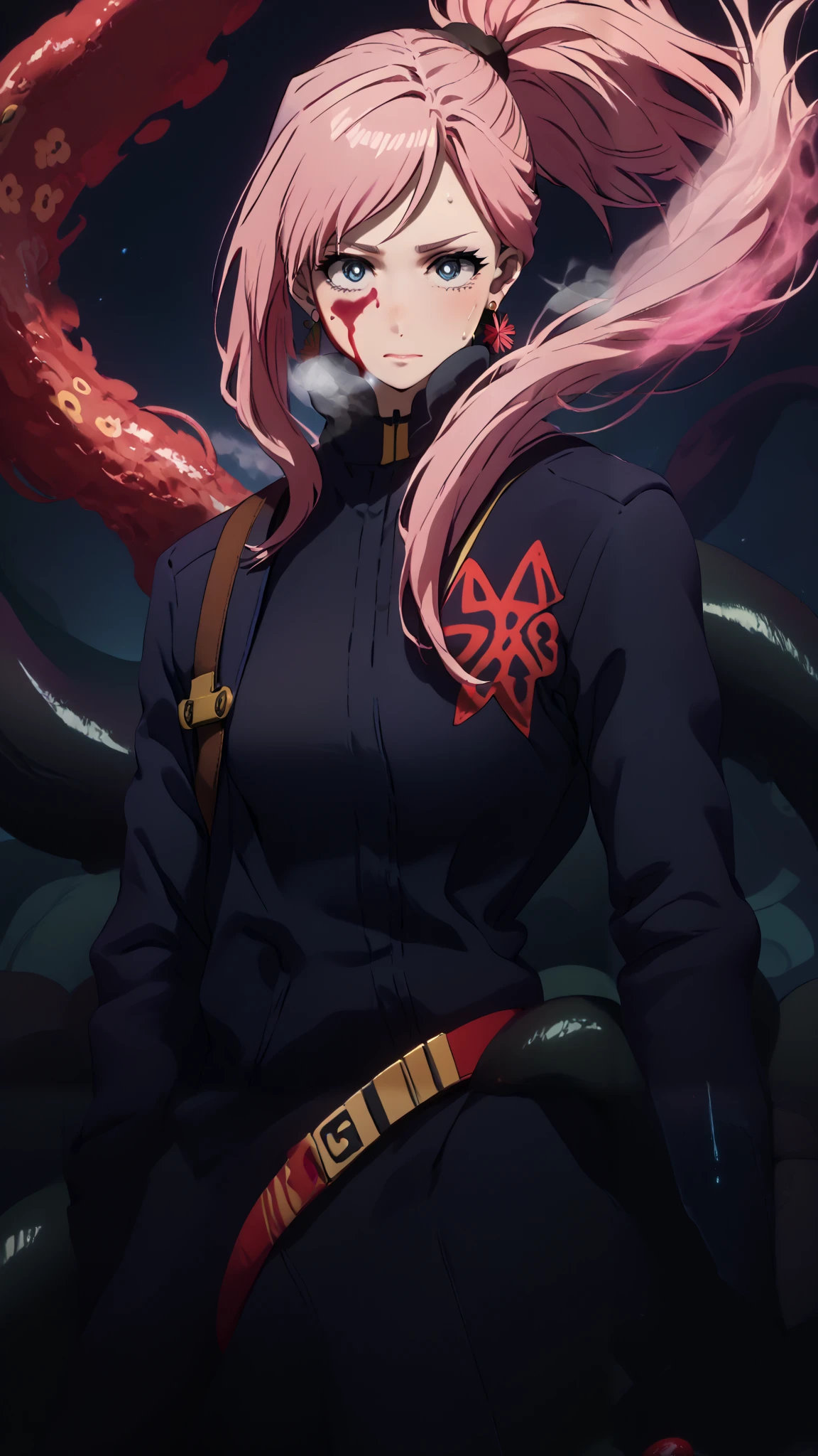 score_9, score_8_up, score_7_up, score_6_up, score_5_up, score_4_up, uncensored, miyamoto musashi, pink hair, earrings, ponytail, asymmetrical hair, swept bangs, blue eyes, 3d, cgi, (voluptuous:1.3), (thick:1.3), BREAK UHD, retina, masterpiece, accurate, anatomically correct, textured skin, super detail, high details, high quality, award winning, best quality, highres, 4K, excessive sweating, sweating, sweating drop, (gasping, heavy breathing:1.3), (skindentation:1.2), perfect eyes, beautiful eyes, eyelashes, makeup, detailed body, perfect body, BREAK, solo, tentacles, looking_at_viewer, blood, jacket, blood_on_face, (aura:1.4), black tentacles