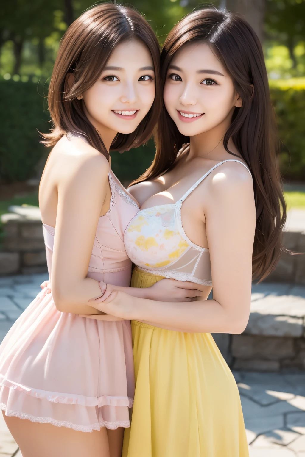 (masterpiece:1.3), (8K, Photoreal, Raw photo, best image quality: 1.4), Japanese high school girl、Similar twins、2 girls、(random hairstyle:1.2)、cleavage:1.2、super detail face、eye for details、double eyelid、chest to chest、sharp focus:1.6、Beautiful woman:1.4、highest quality、masterpiece、Super high resolution、(Photoreal:1.4)、Highly detailed and professionally lit smiles