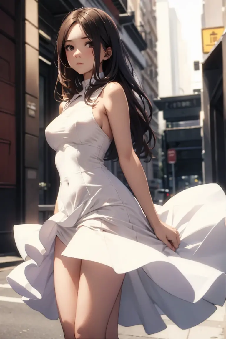 Elegant woman walking on sidewalk in dress, solo, bandeau dress, romantic dress, print, wind blowing, fashion dress, thin waist, light half-open dress, soft silk fabric, thin, (camel toe), exposed figure, elegant, flowy, summer, no shoulder straps