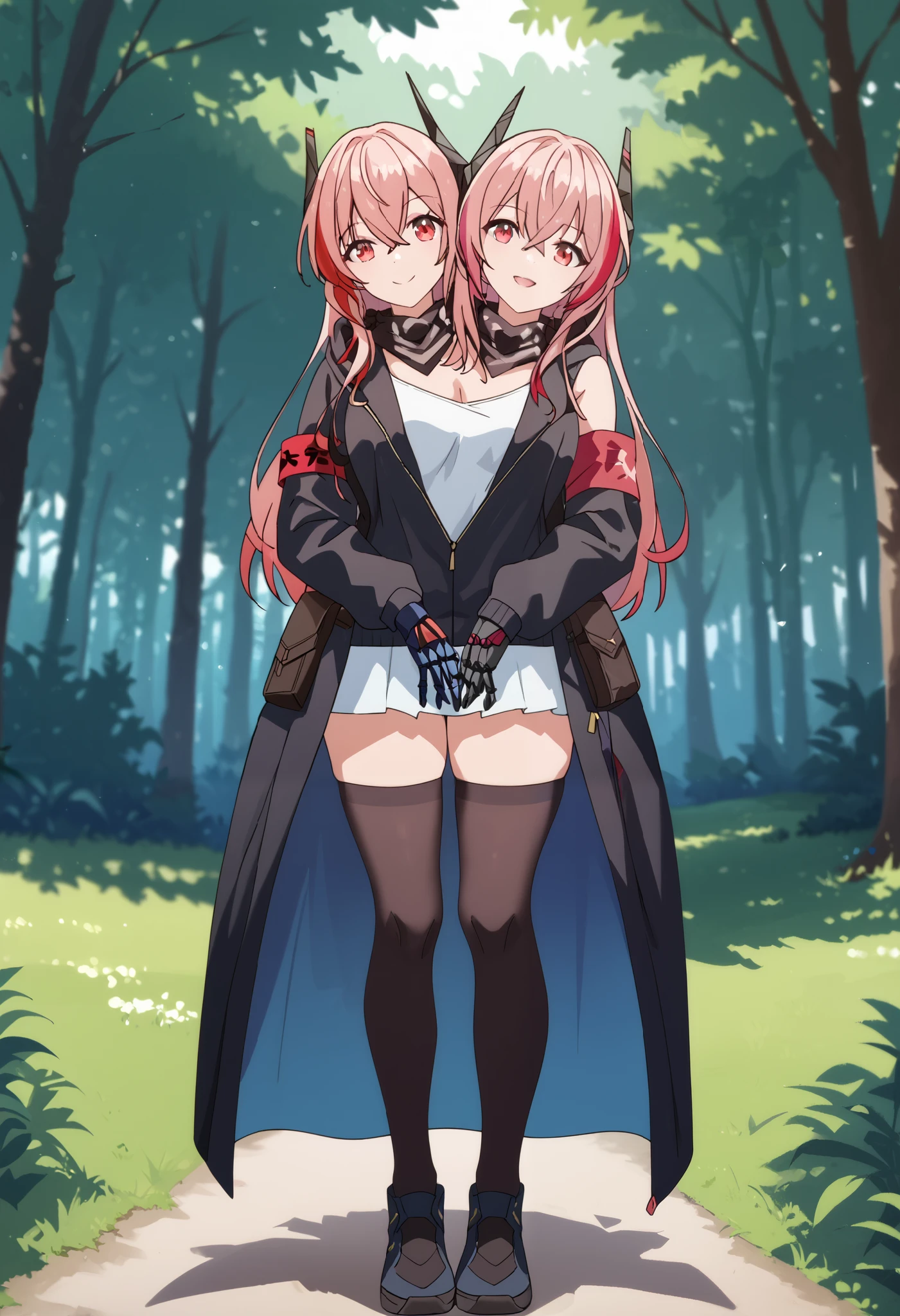 2heads, a tall thin woman with 2 heads, m4 sopmod ii, hair between eyes, red eyes, pink hair, streaked hair, red hair, sidelocks, long hair, multicolored hair, two-tone hair,
armband, black gloves, black jacket, black scarf, black thighhighs, gloves, hair ornament, headgear, headphones, holster, hood, hooded jacket, jacket, mechanical hands, red armband, scarf, thighhighs, track jacket, She is inside a forest,