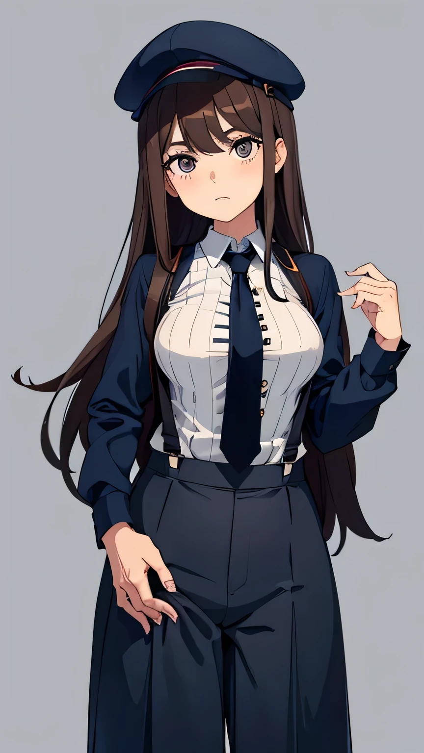 long hair, straight hair, dark brown hair, big eyes, double eyelids, long eyelashes, black eyes, large breasts, suspenders, culottes, Striped Button-down shirt, Navy blue tie, flat cap