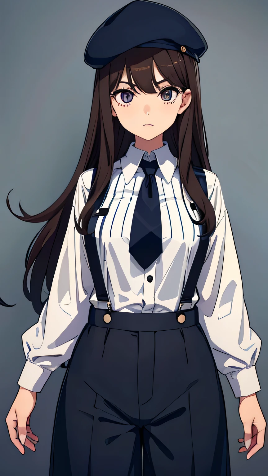 long hair, straight hair, dark brown hair, big eyes, double eyelids, long eyelashes, black eyes, large breasts, suspenders, culottes, Striped Button-down shirt, Navy blue tie, flat cap