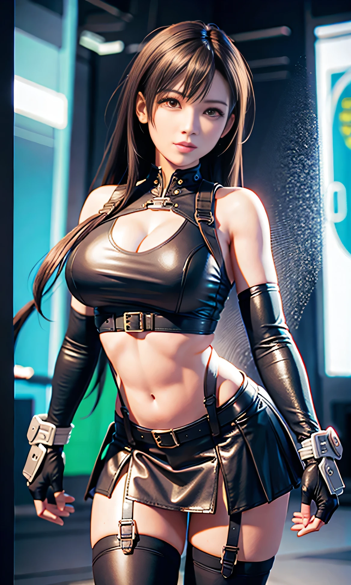 Tifa Lockhart　Glossy black bodysuit　Huge breasts　Underground Fighting Arena