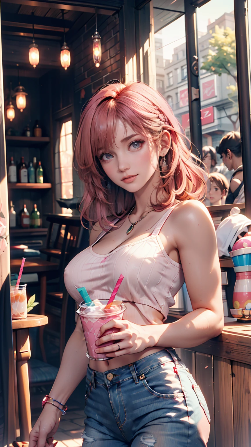 ((Highest quality, 8k, masterpiece :1.3)), (Sharp focus :1.2, Beautiful woman with perfect figure :1.4, Slim Abs), ((Big Breasts, Emphasize cleavage:1.2)), (Photorealistic:1.4), (realistic:1.4), (Pink Hair:1.5), Highly detailed face and skin texture, Fine grain, double eyelid. Makeup face, A little bit of lipstick, sex appeal, Sexy gravure pose, ((Sexy girly beauty wearing a navy blue polka dot dress。While holding iced coffee on the cafe terrace、椅子に片足を掛けたSexy gravure pose。A shiny gold bracelet。:1.3)