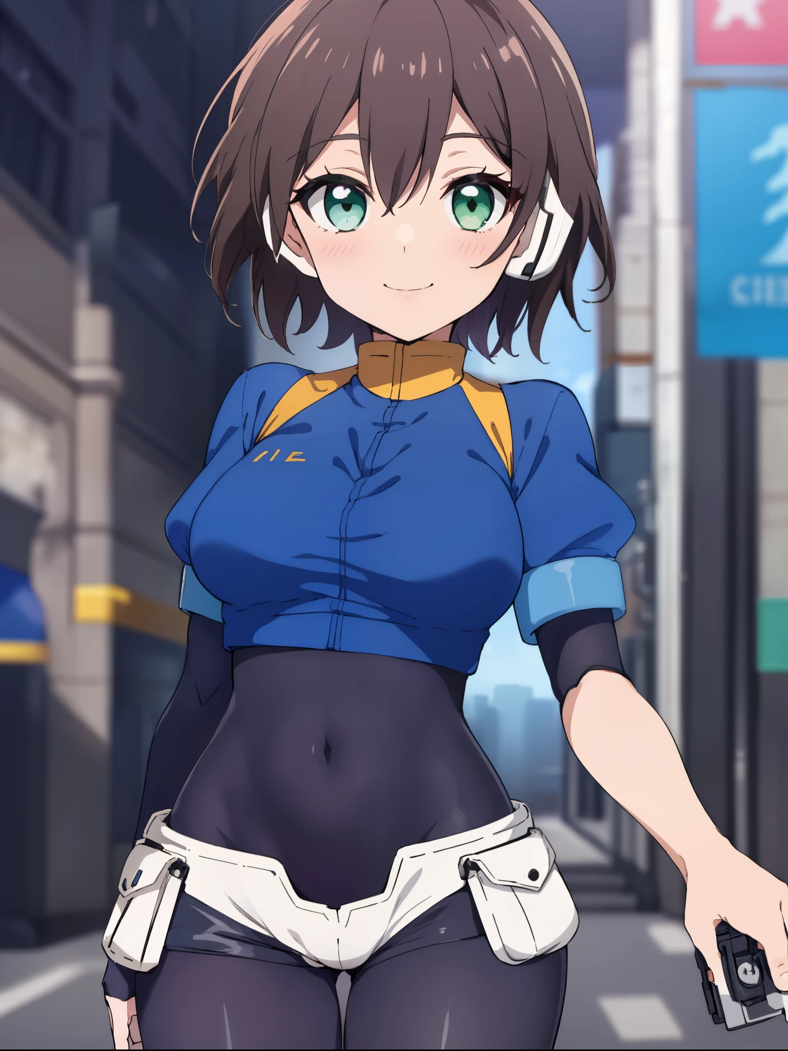masterpiece, best quality, integrated scenery, integrated background, extremely delicate and beautiful, meticulous details, good composition, , cute face, perfect face, perfect hands, aile_megamanzx,  , 1young_teen_girl, solo, short hair, brown hair, short sleeves, (bodysuit), robot ears, green eyes, short_shorts, short sleeves, short over long sleeves, smile, in futuristic city, , high quality, medium_breasts,crotch, slouch,handgun,