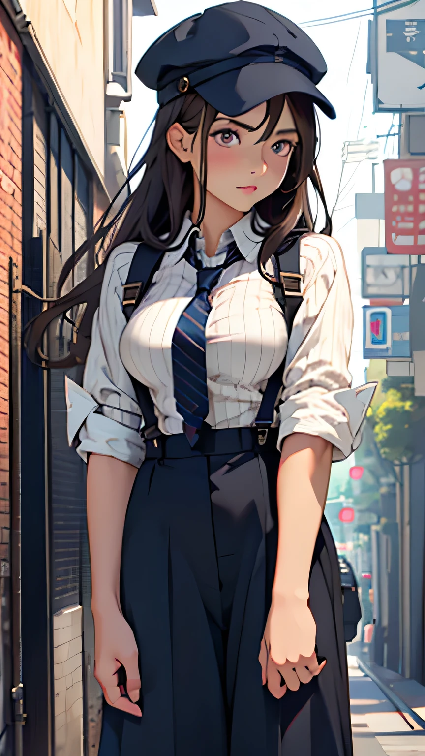 Woman in her 20s, long hair, straight hair, dark brown hair, big eyes, double eyelids, long eyelashes, black eyes, large breasts, suspenders, culottes, Striped Button-down shirt, Navy blue tie, flat cap