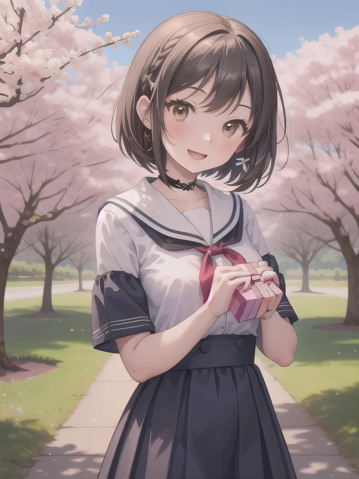 A stunningly beautiful 20-year-old woman stands in a lush green park full of cherry blossoms in full bloom under a clear blue sky. She is wearing a classic sailor uniform and holds a neatly wrapped gift box with a red ribbon in both hands in front of her chest. The box is small, wrapped in decorative paper, and tied with a bow. She looks very happy, with a radiant and joyful expression.A stunningly beautiful 20-year-old woman stands in a lush green park full of cherry blossoms in full bloom under a clear blue sky. She is wearing a classic sailor uniform and holds a neatly wrapped gift box with a red ribbon in both hands in front of her chest. The box is small, wrapped in decorative paper, and tied with a bow. She looks very happy, with a radiant and joyful expression. Hair ribbon, choker, black choker.Bob hair, brown eyes.